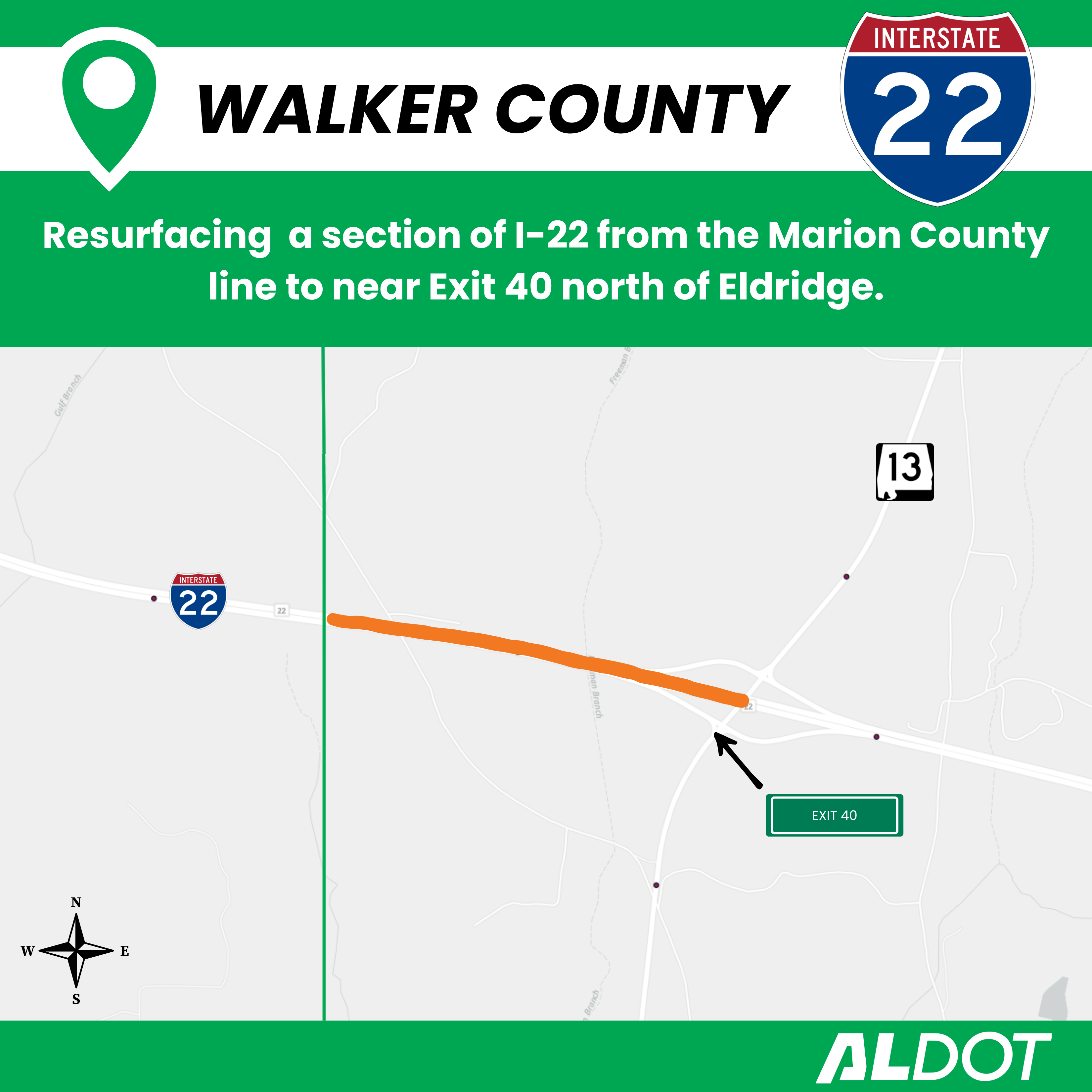 I-22 resurfacing map of Walker County