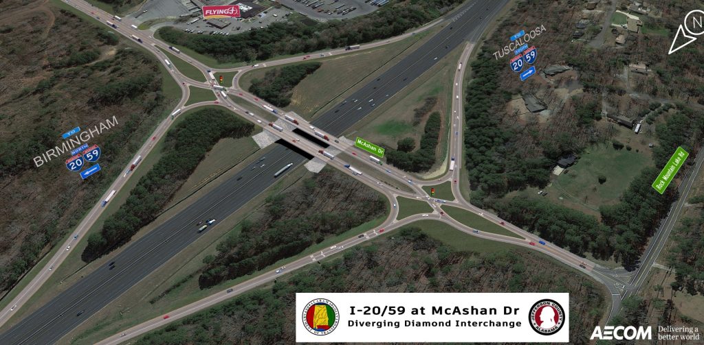 Rendering of future Diverging Diamond Interchange at Exit 104 on I-59/20.