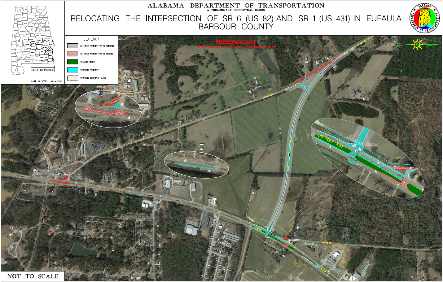 Map showing the relocation of the intersection of US-82 and US-431 in Eufaula.