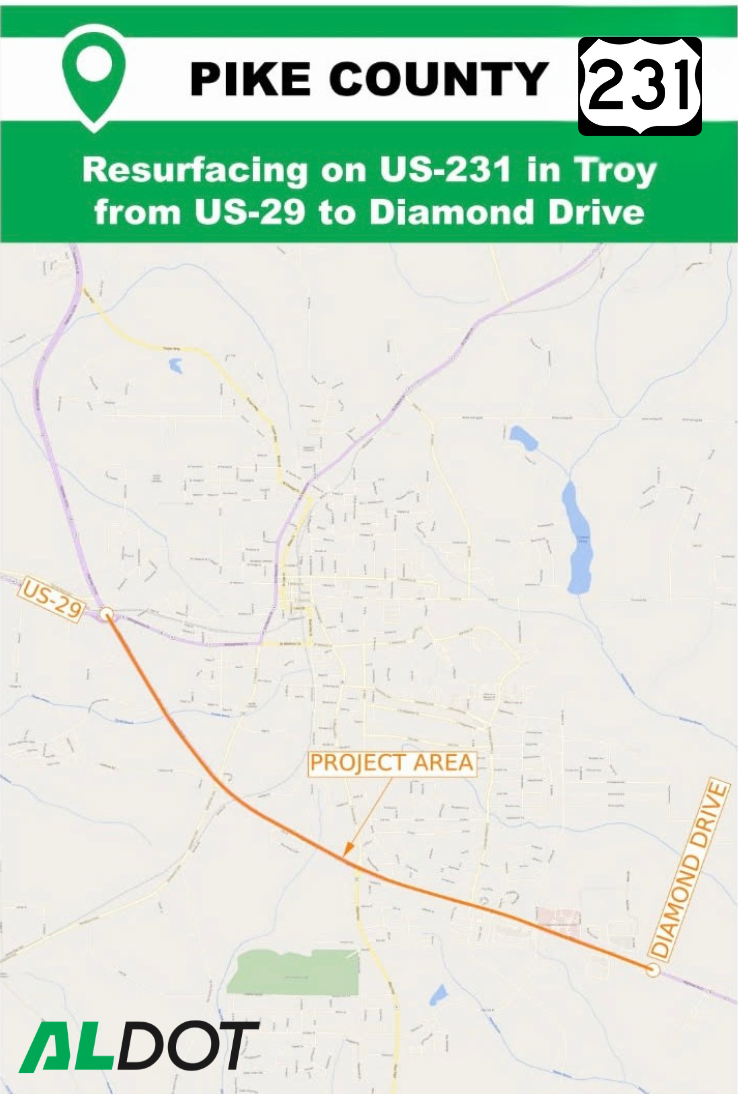 Map showing the location of the US-231 resurfacing project in Troy.