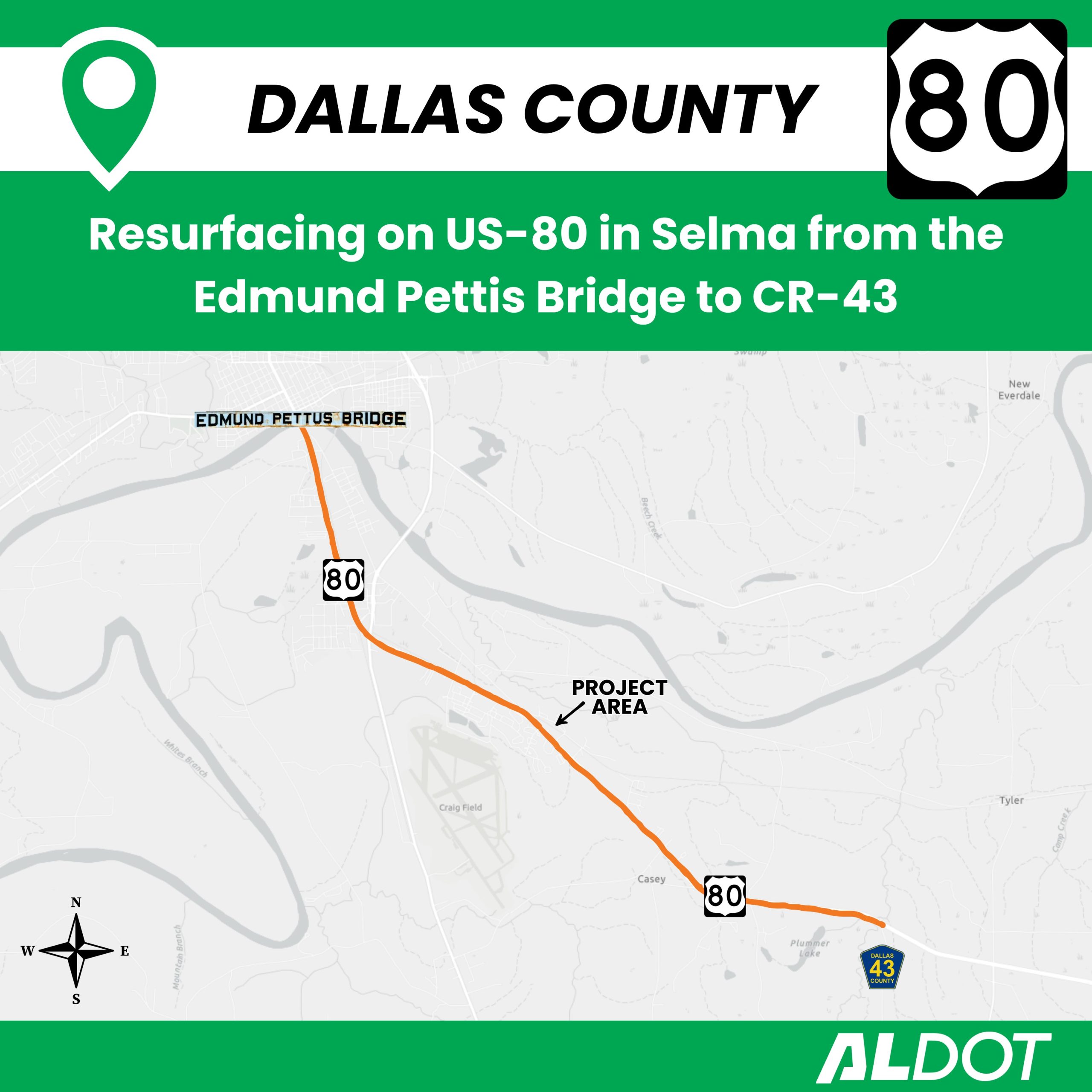 Map showing the project limits of the US-80 resurfacing project in Selma.