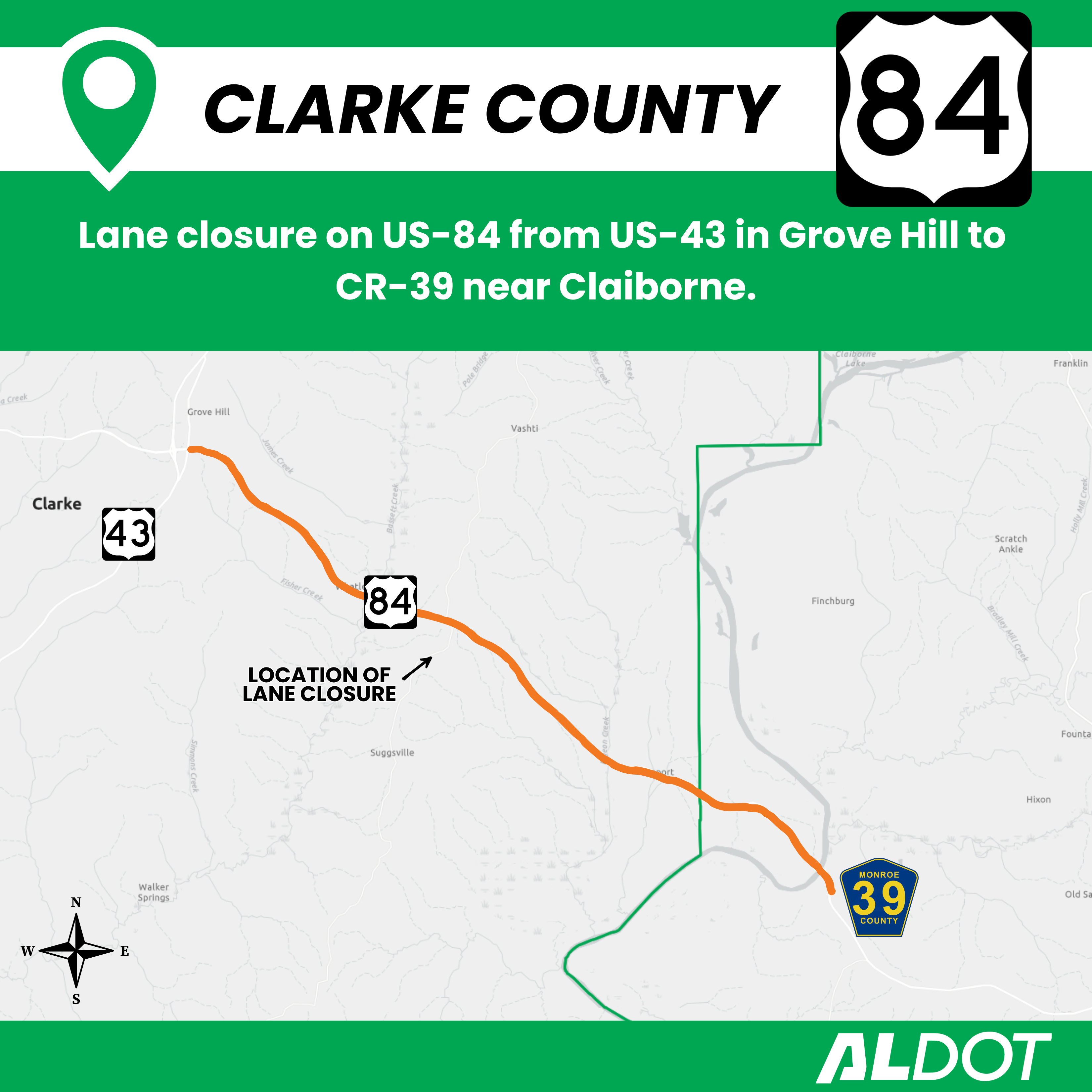 Map of a lane closure on US-84 in Clarke County.