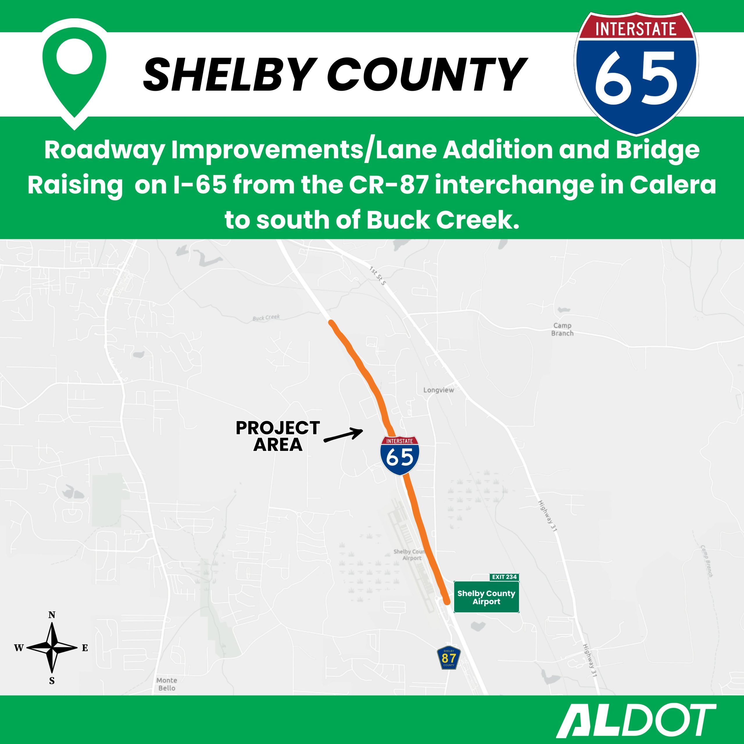 I-65 widening from the Shelby County Airport interchange (Exit 234) north to Buck Creek