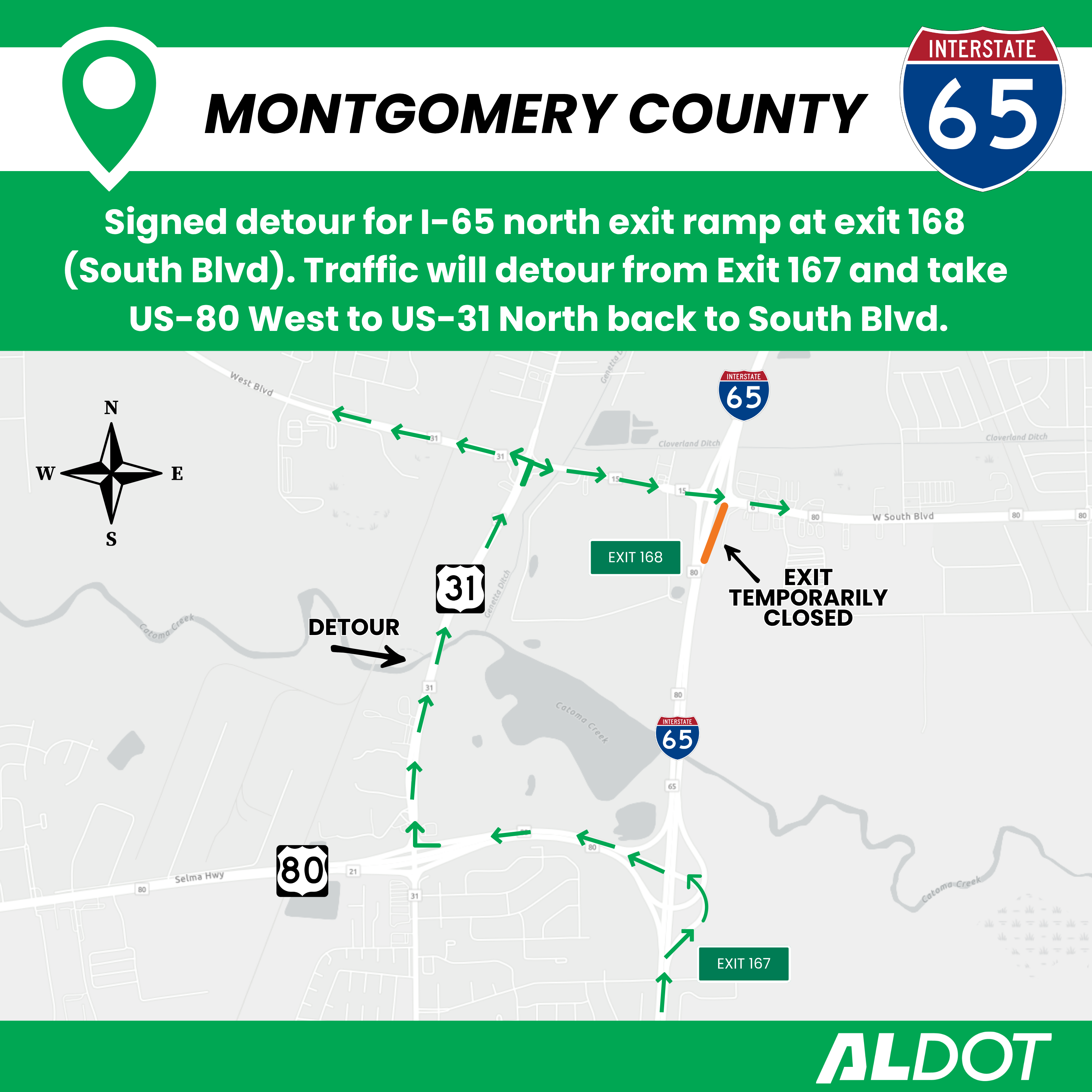 Map showing the detour for I-65 north at exit 168.
