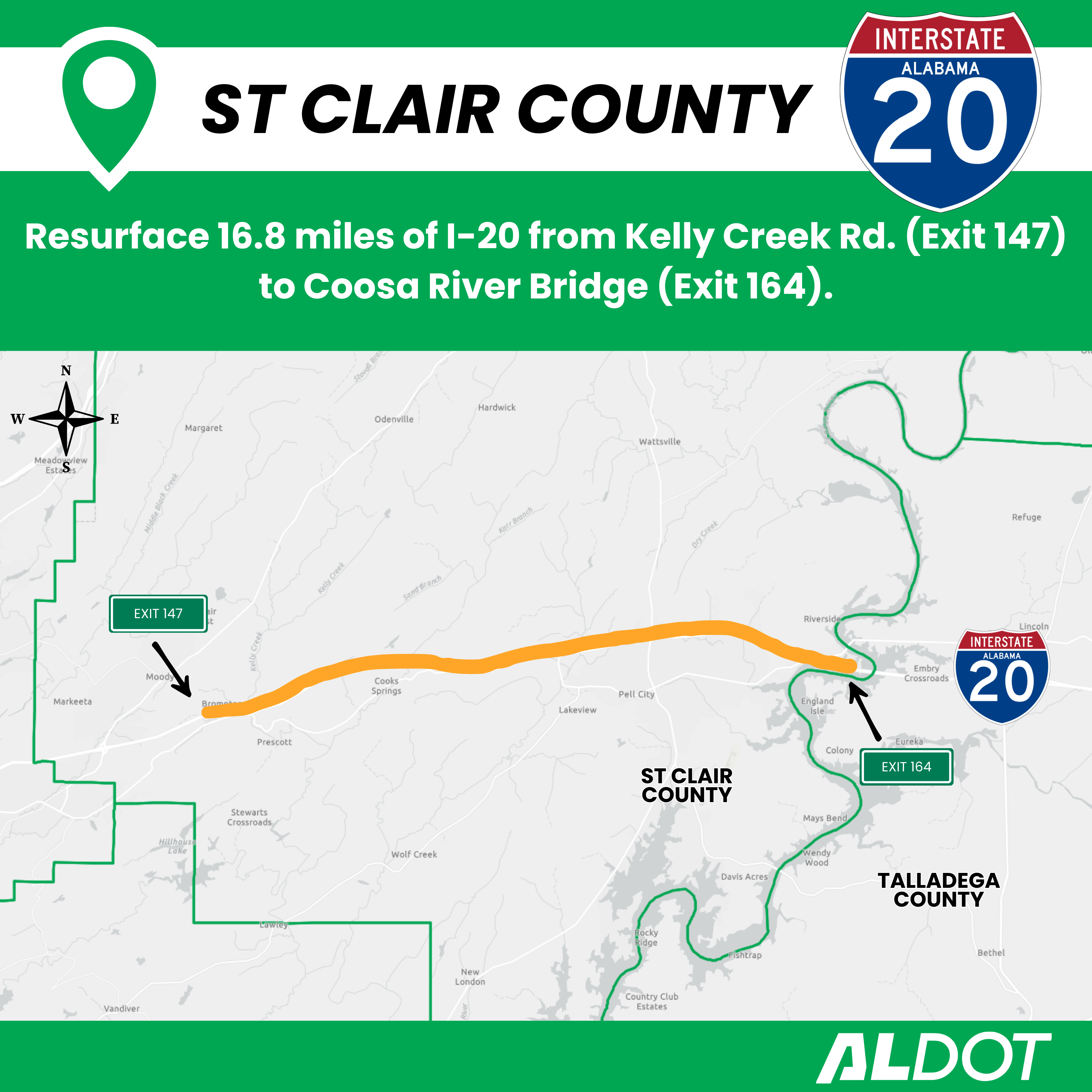 I-20 resurfacing from MP 147.7 (Exit 147) to MP 164.5
