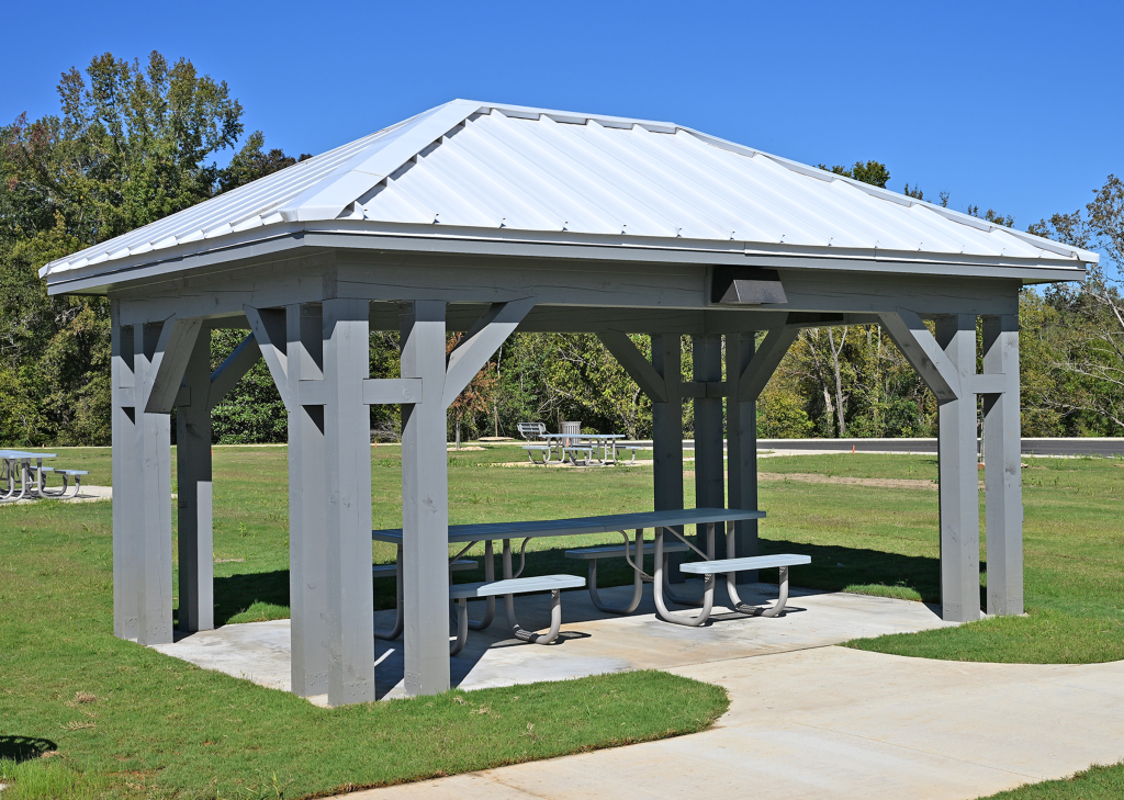 Covered picnic table at the I-65 South rest area in Butler County.