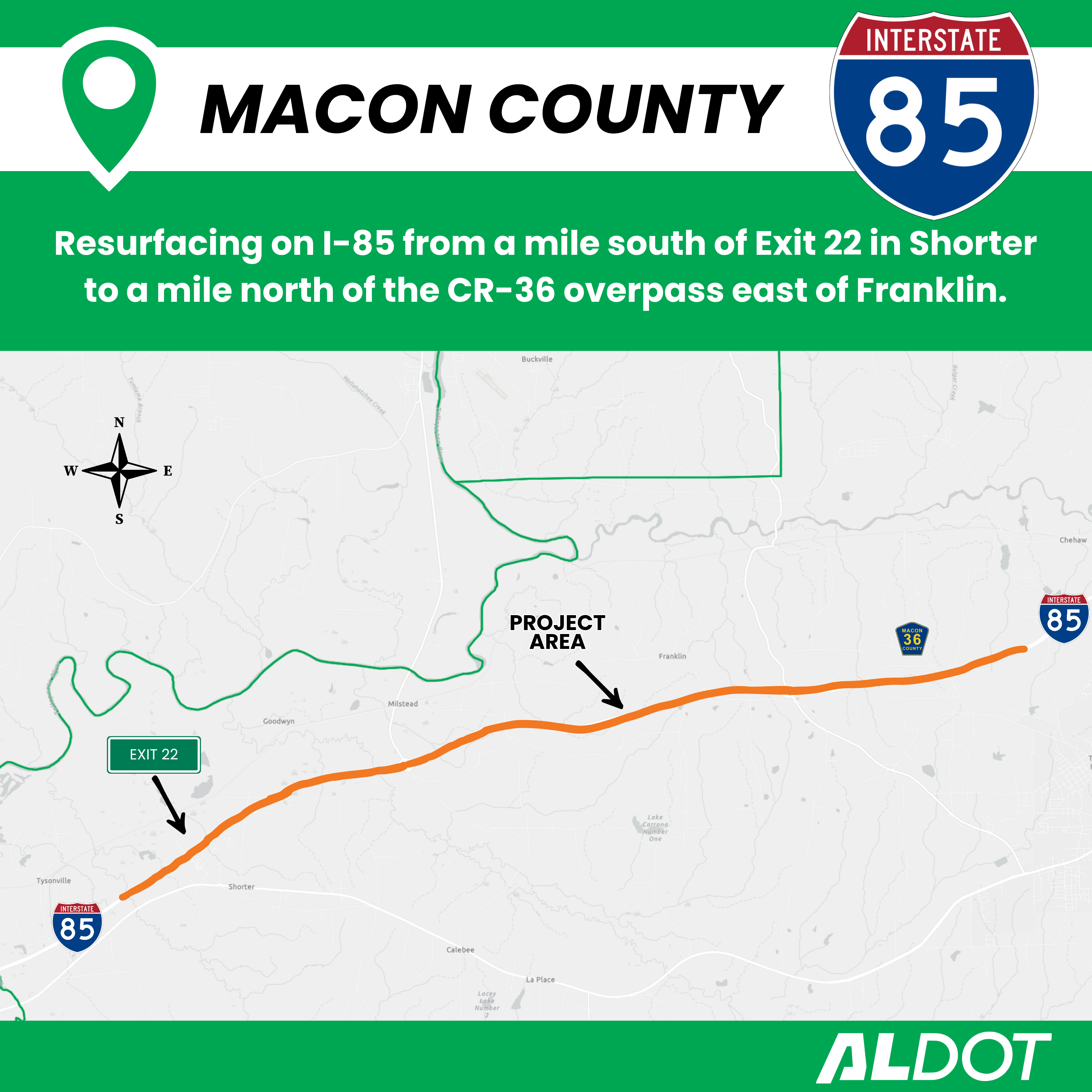 Map showing limits of I-85 resurfacing project in Macon County.