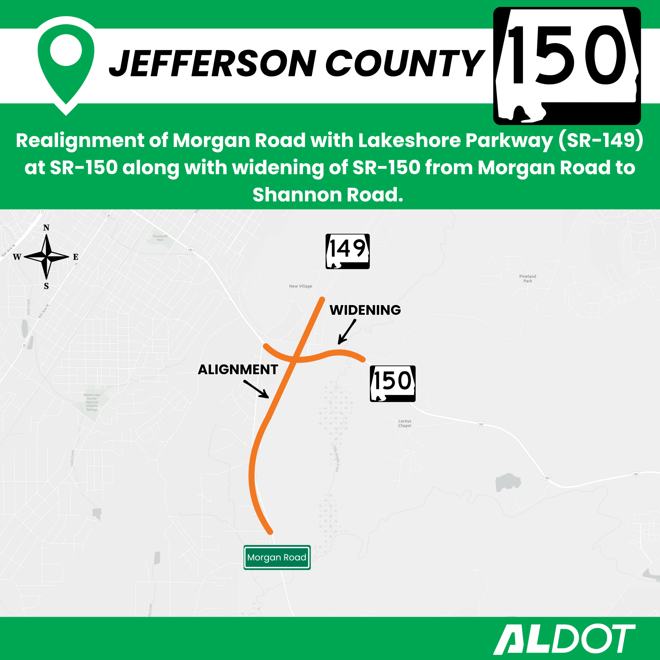 New alignment of Morgan Road and Lakeshore Parkway at SR-150 in Bessemer.