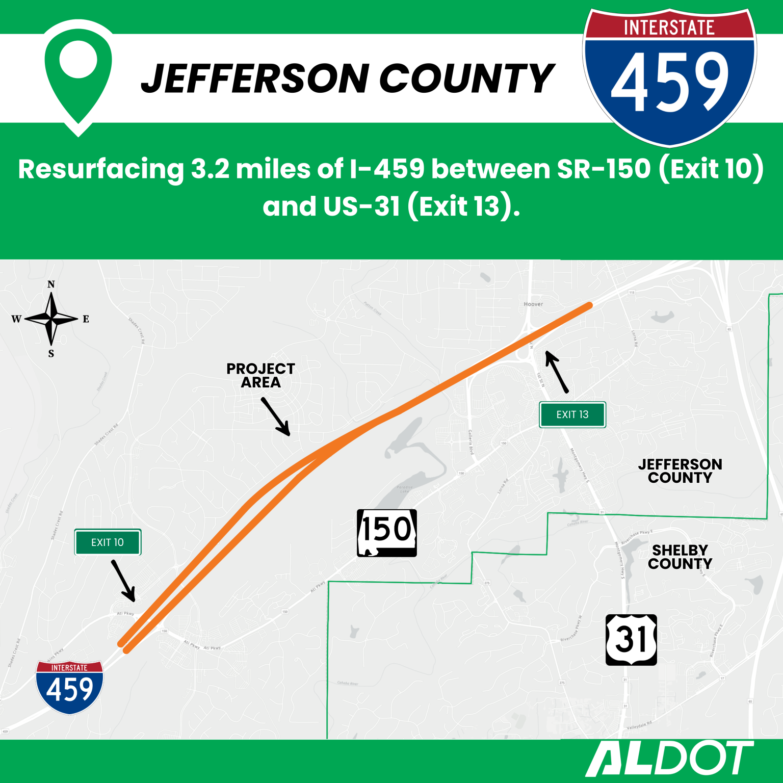 I-459 resurfacing between SR-150 and US-31 in Hoover - ALDOT News Hub