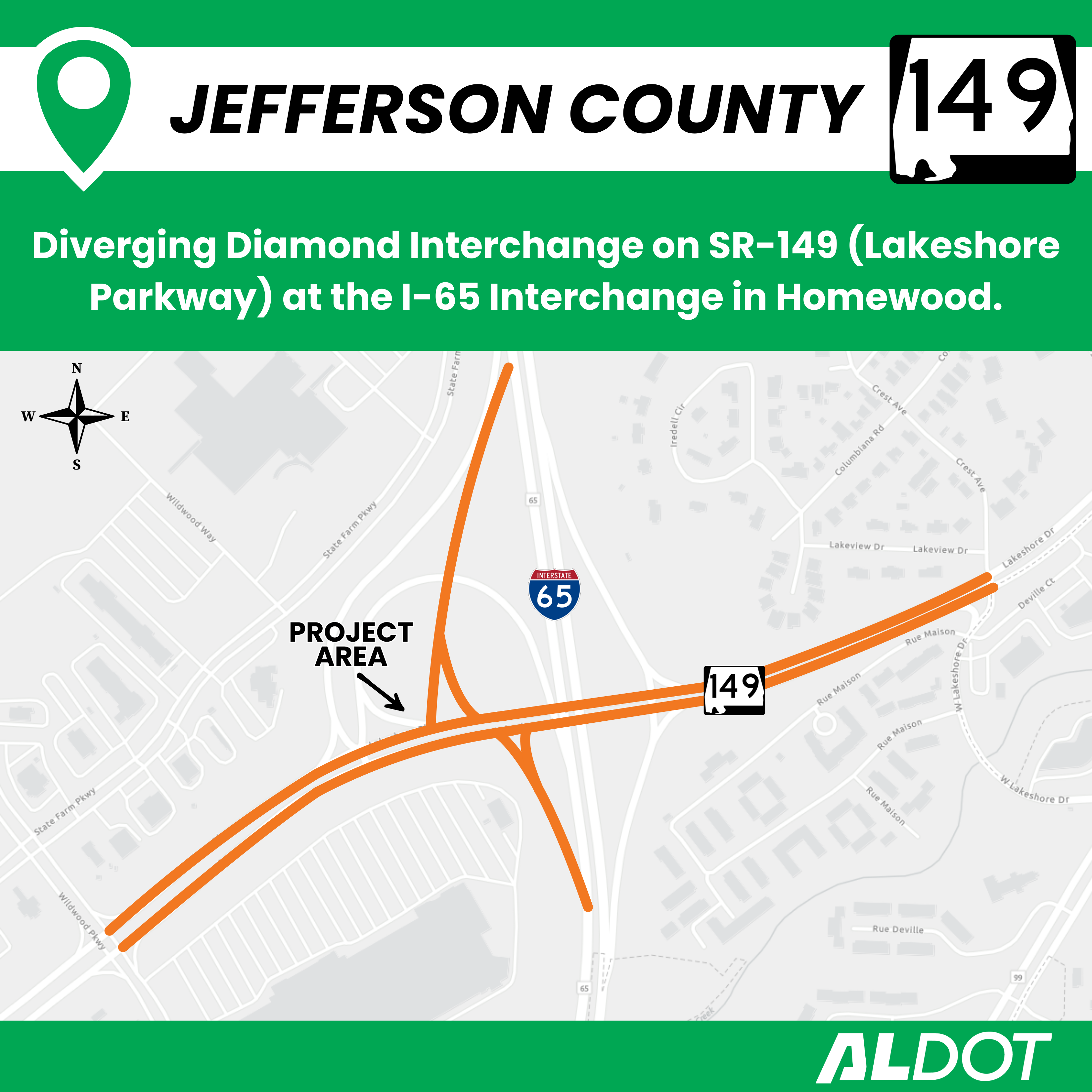 Diverging Diamond Interchange at I-65 and Lakeshore Parkway in Homewood.
