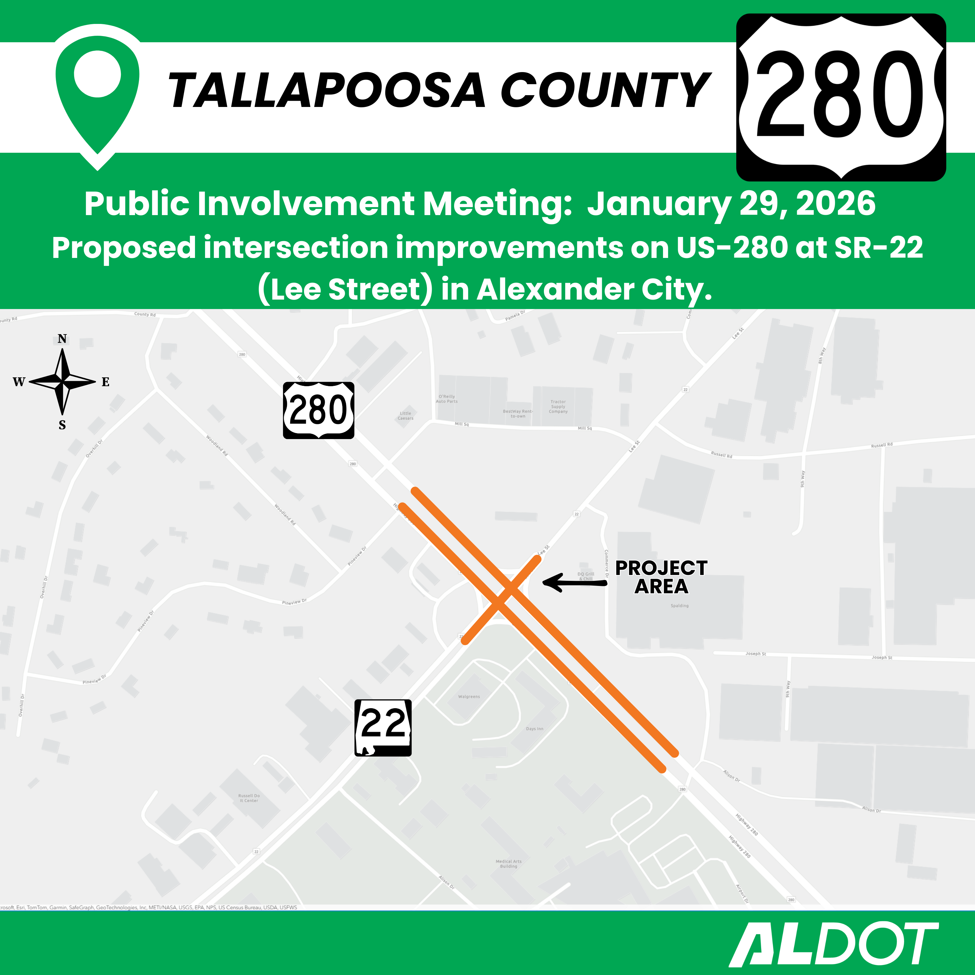 Public involvement meeting in Alexander City about intersection upgrades at US-280 and SR-22.