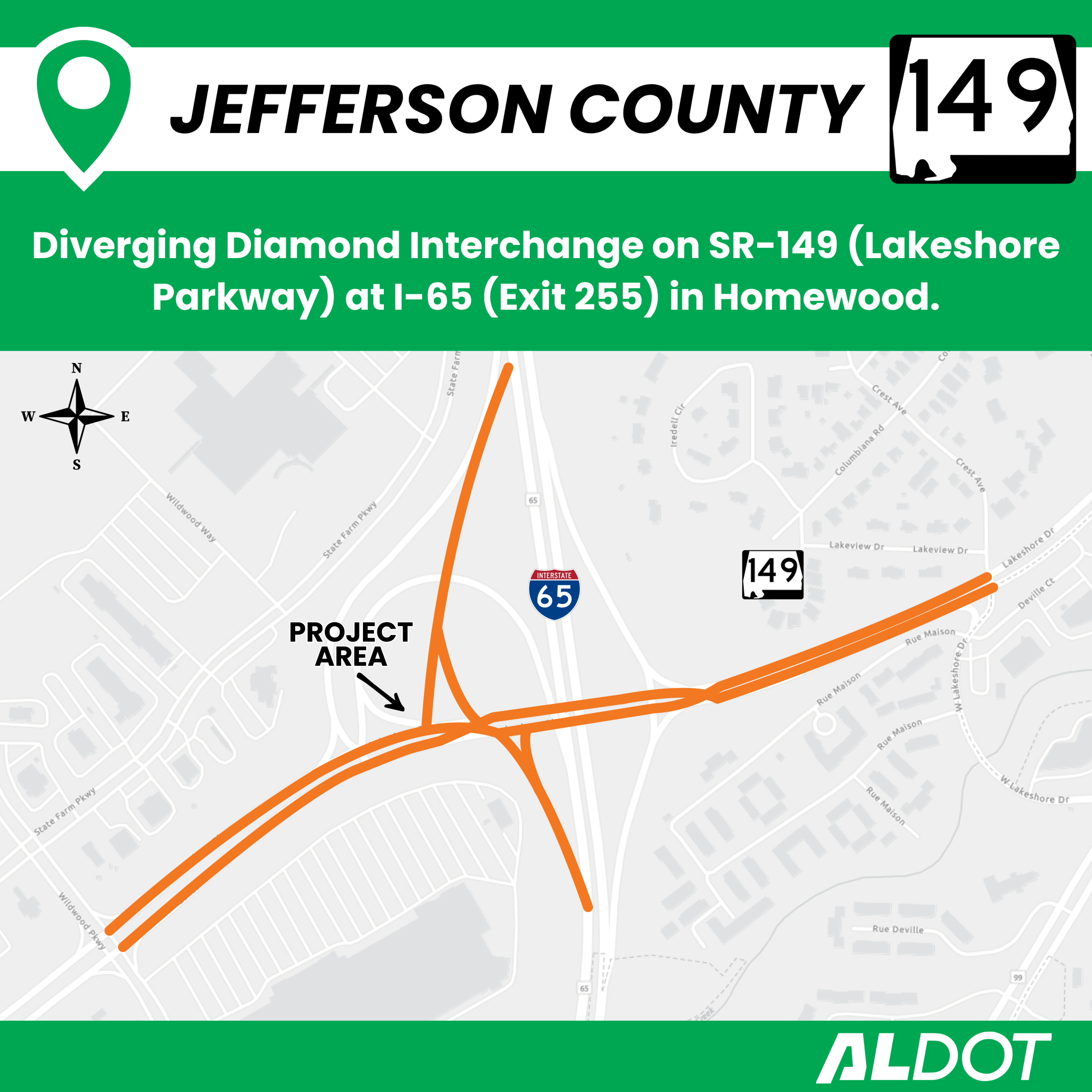 Diverging Diamond Interchange at I-65 and Lakeshore Parkway in Homewood.