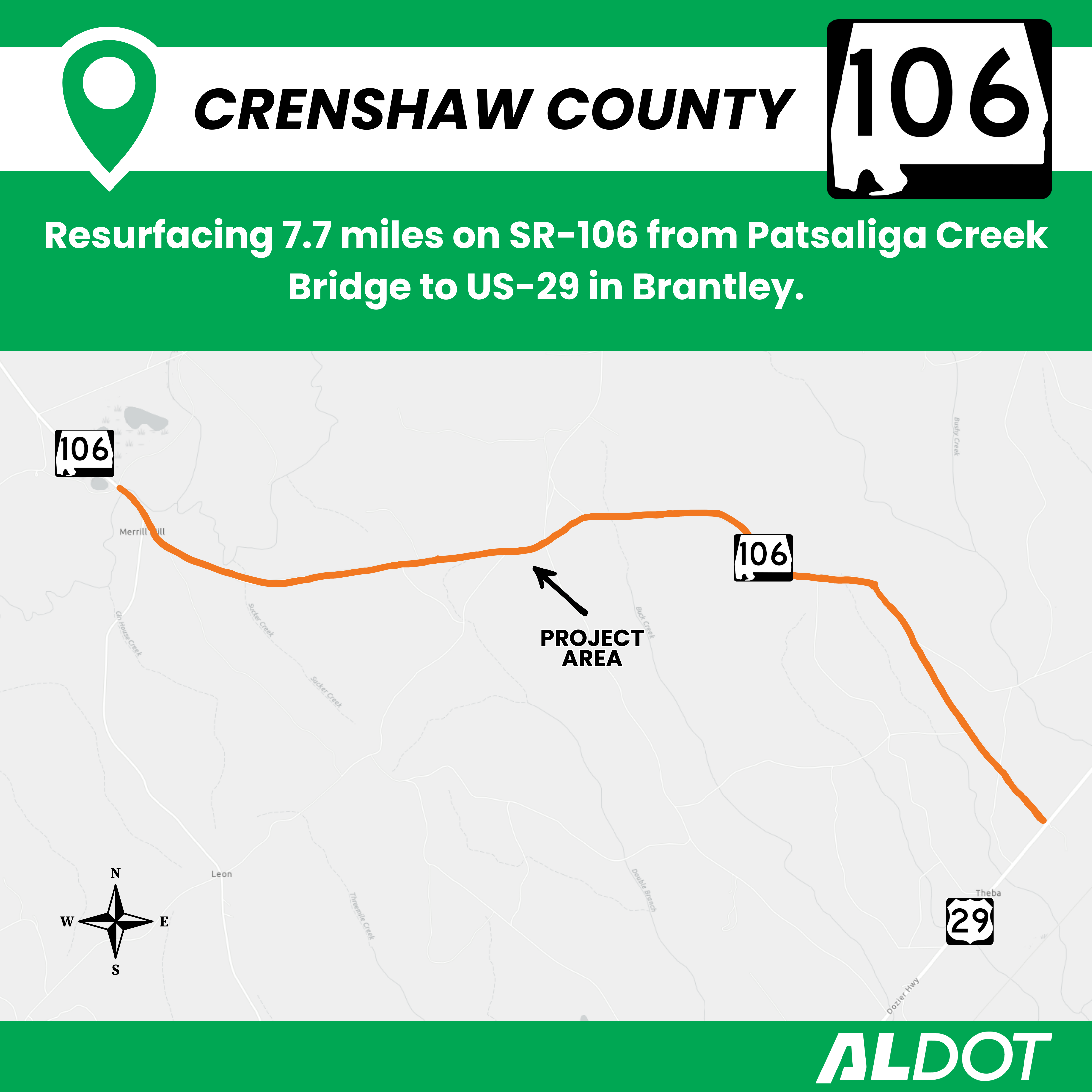 Map showing the project limits of the resurfacing project on SR-106 in Crenshaw County.
