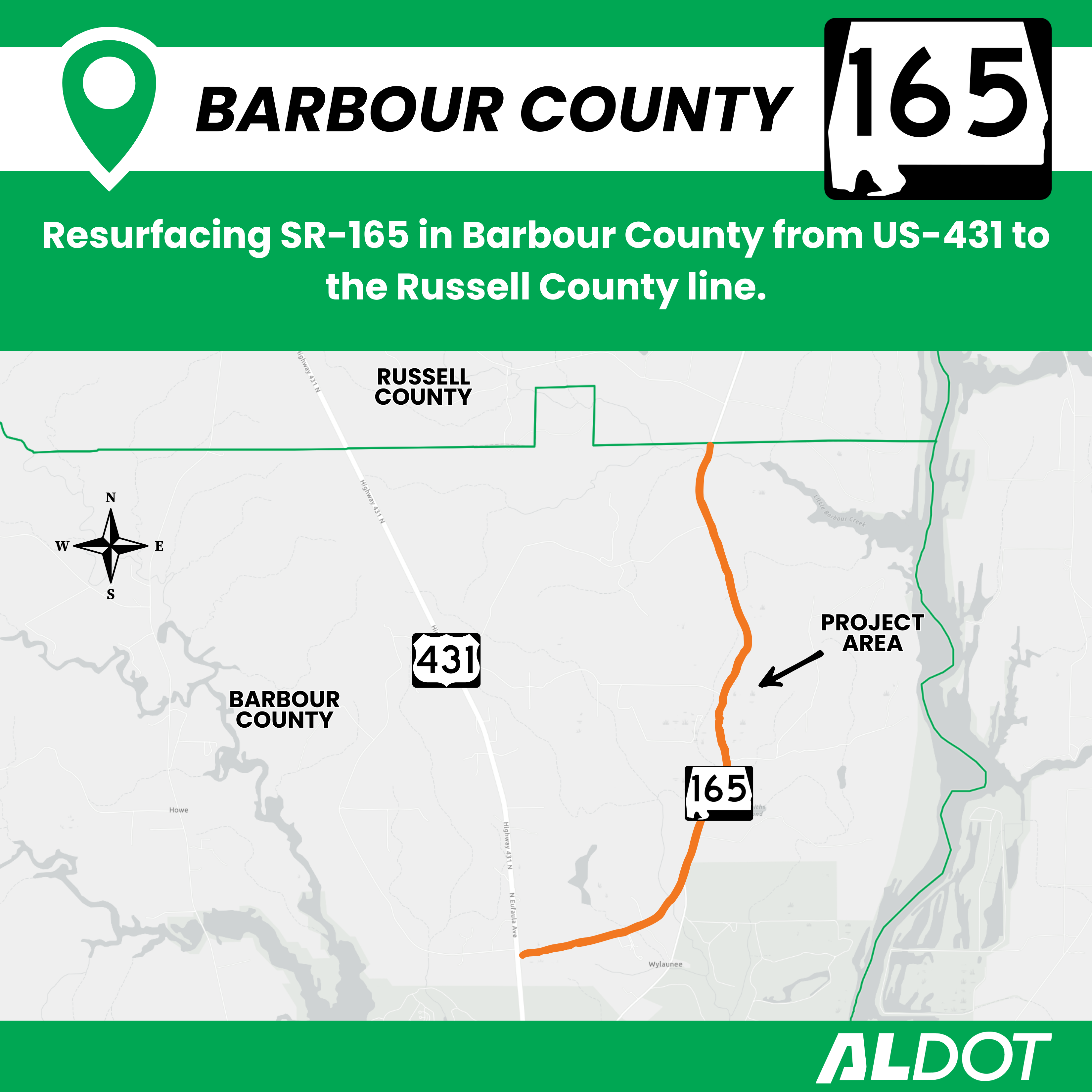 A map showing a resurfacing project on SR-165 in Barbour County. The map highlights a section of SR-165 in orange, extending from its intersection with US-431 northward to the Russell County line. The ALDOT logo is in the bottom right corner, and a large "165" highway shield is in the top right.