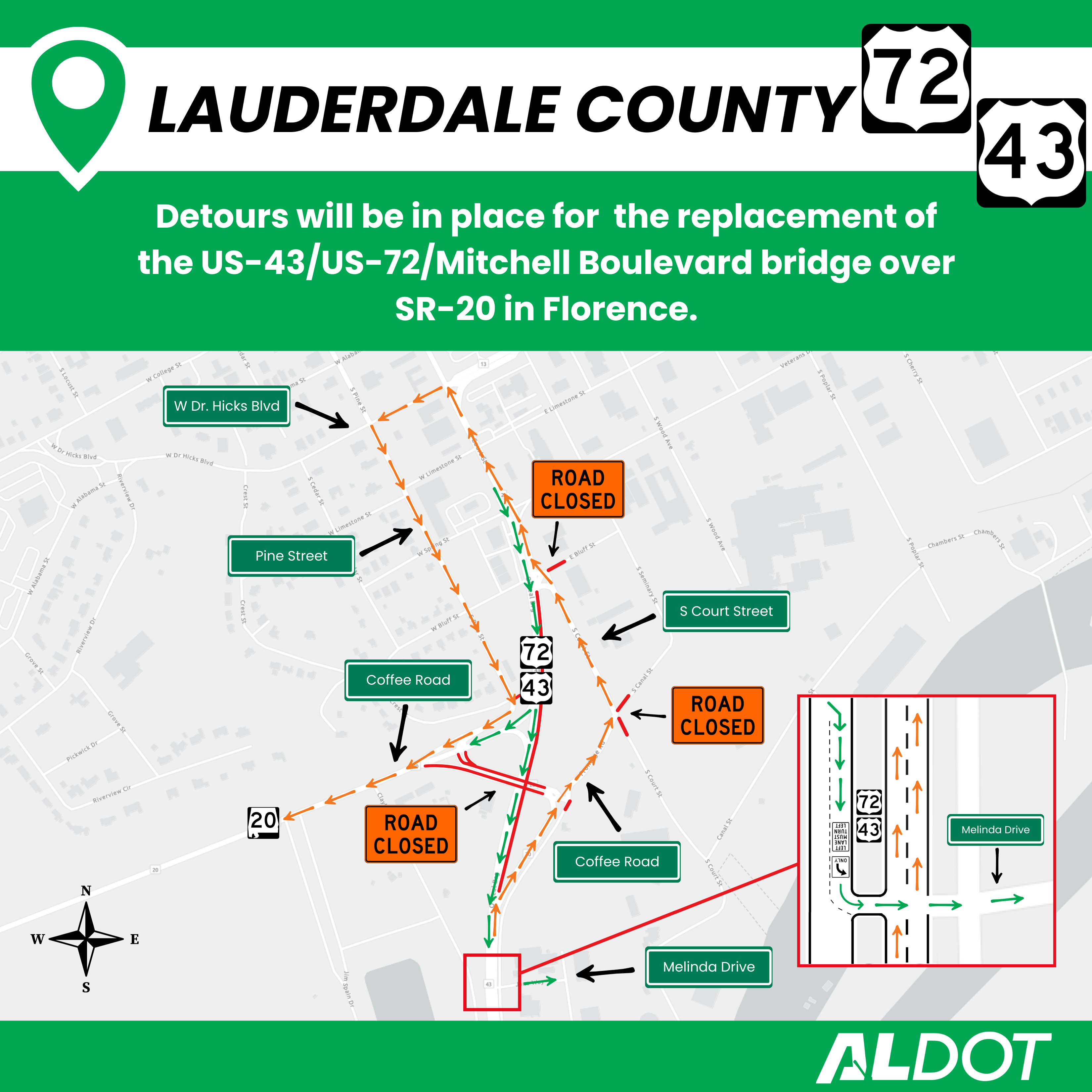 A map showing the detours that will be used during the project.