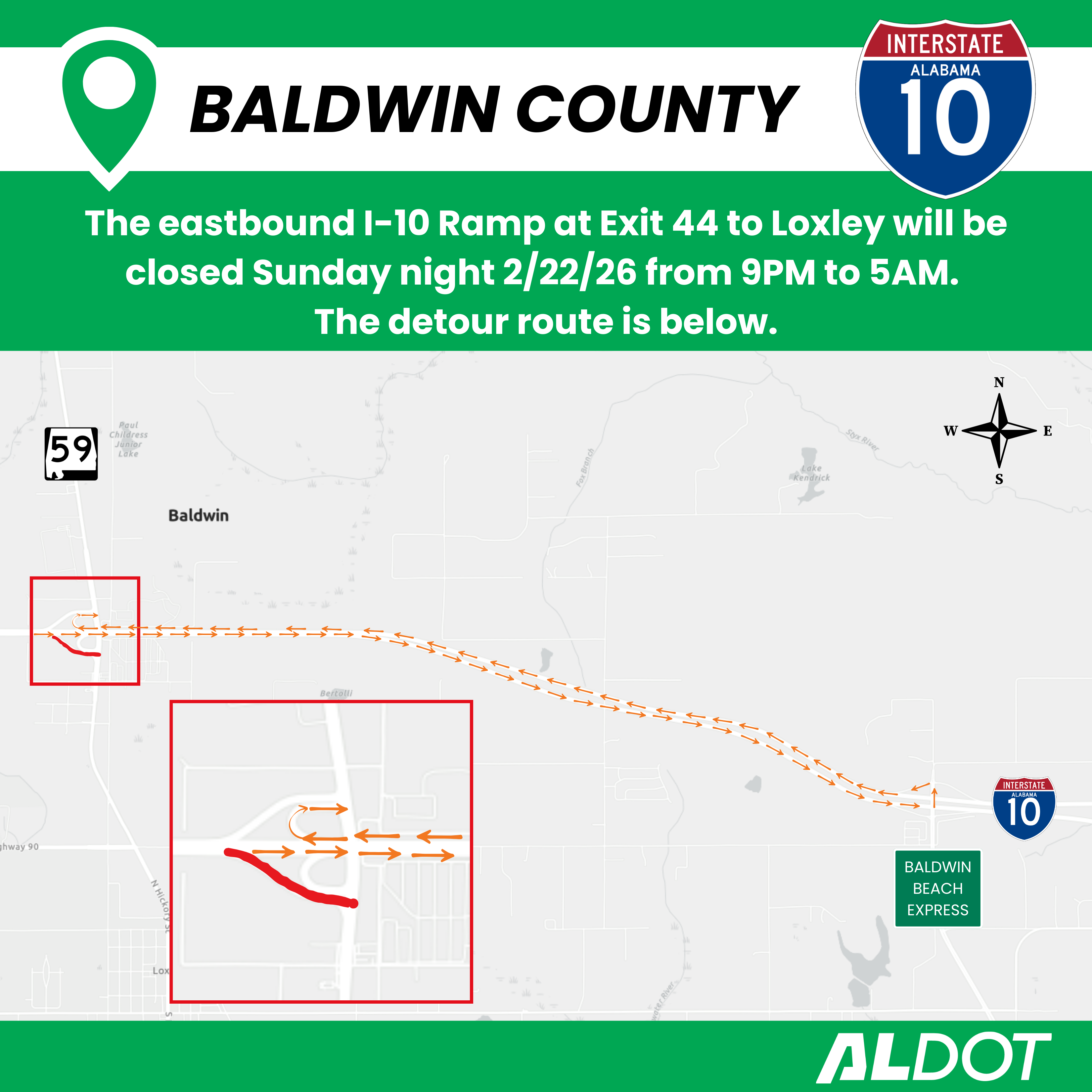 Exit 44 ramp closure detour map for eastbound I-10 traffic
