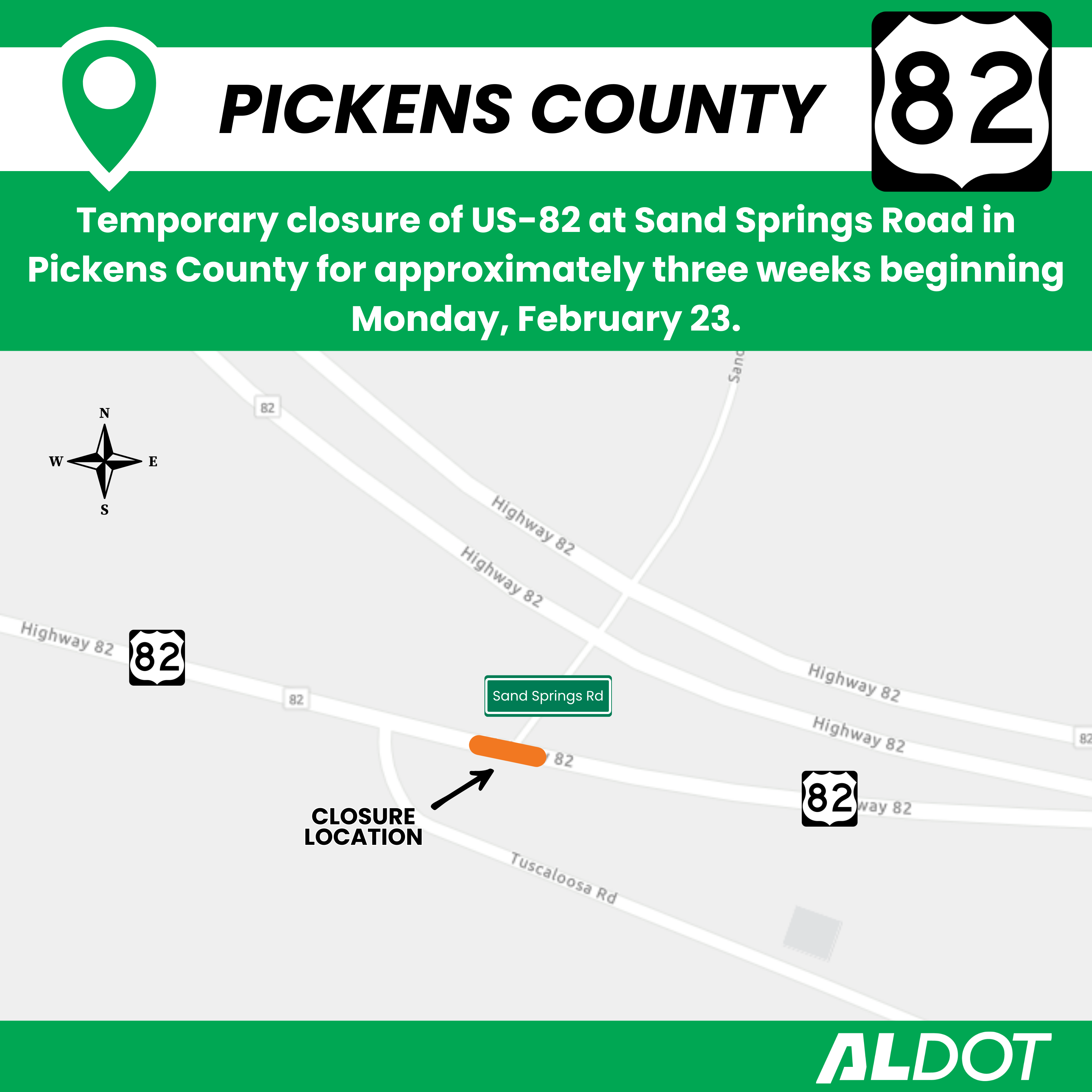US-82 at Sand Springs Road intersection closure map