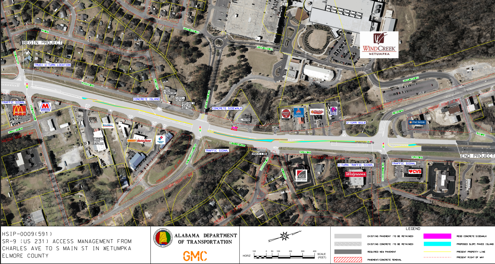 Informational map showing the concrete islands and limited turn movements on the US-231 Wetumpka access management project from Charles Avenue to South Main Street.
