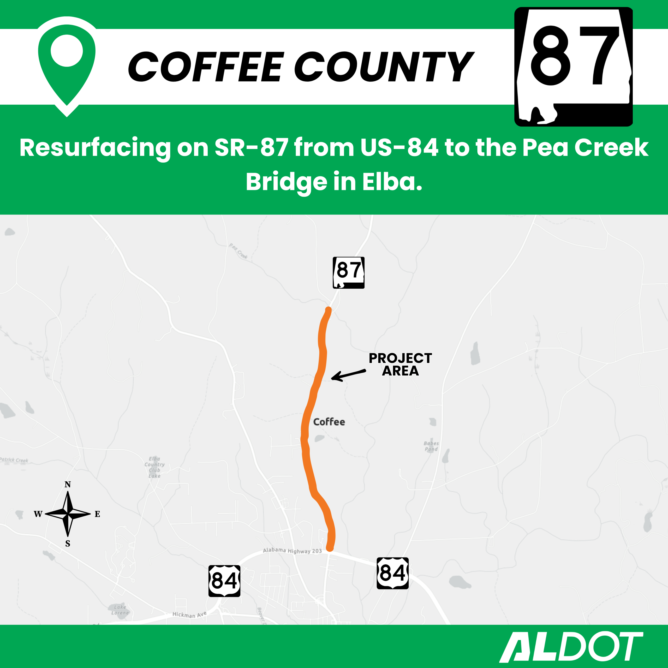 An informational map from ALDOT that shows a resurfacing job in Coffee County from US-84 to Pea Creek in Elba.