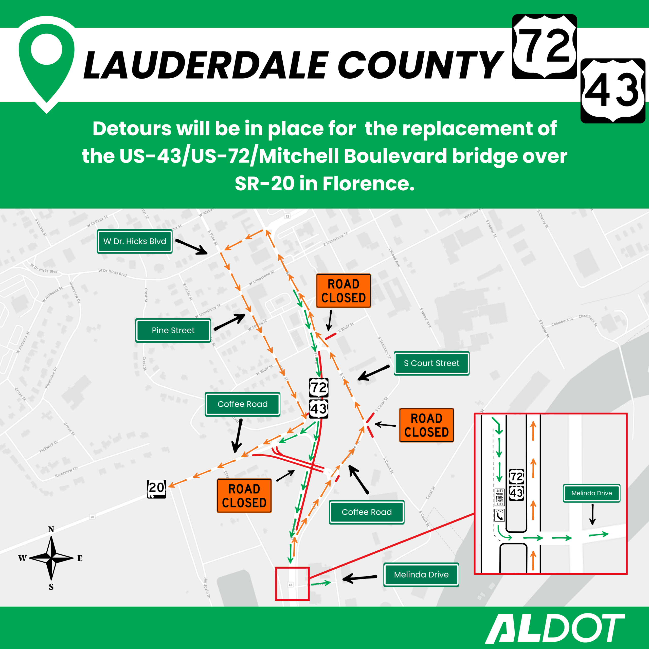 A map showing the detours that will be used during the project.