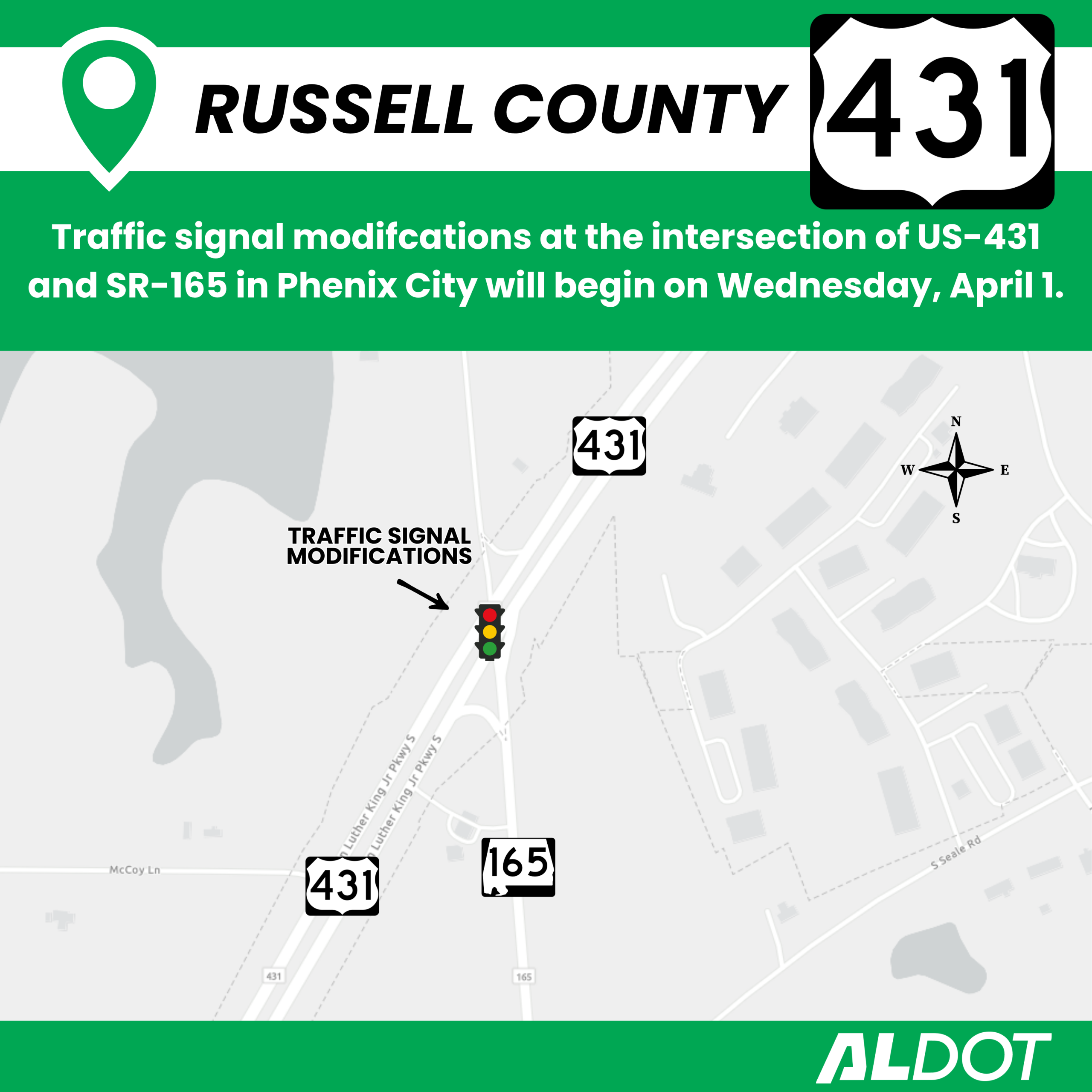 An informational map from ALDOT showing the location of the signal modification at US-431 and SR-165 in Phenix City.