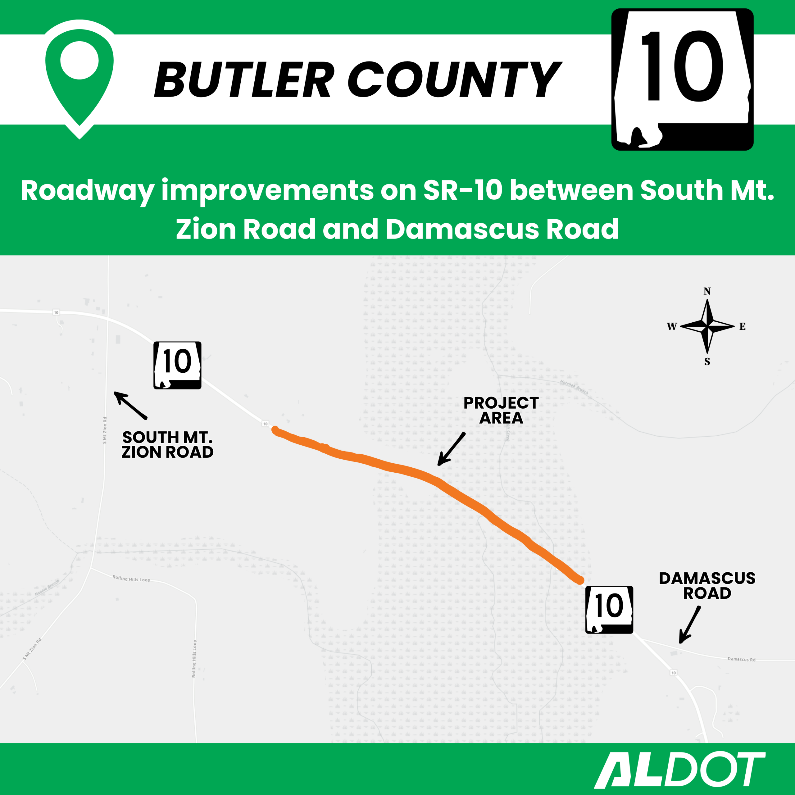 An informational map from ALDOT that shows the project limits in Butler County on SR-10 between South Mt. Zion Road and Damascus Road.