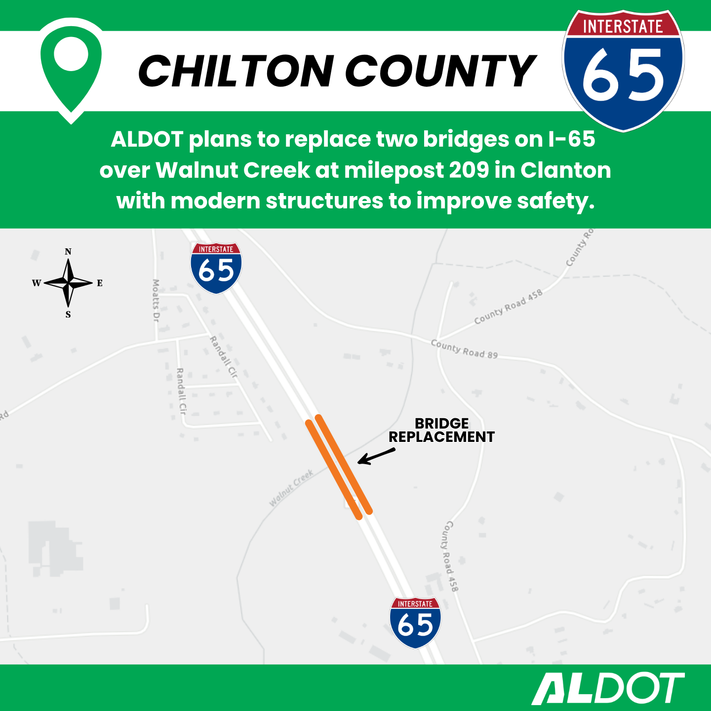 A map showing where the bridge replacement project takes place on I-65 in Clanton.