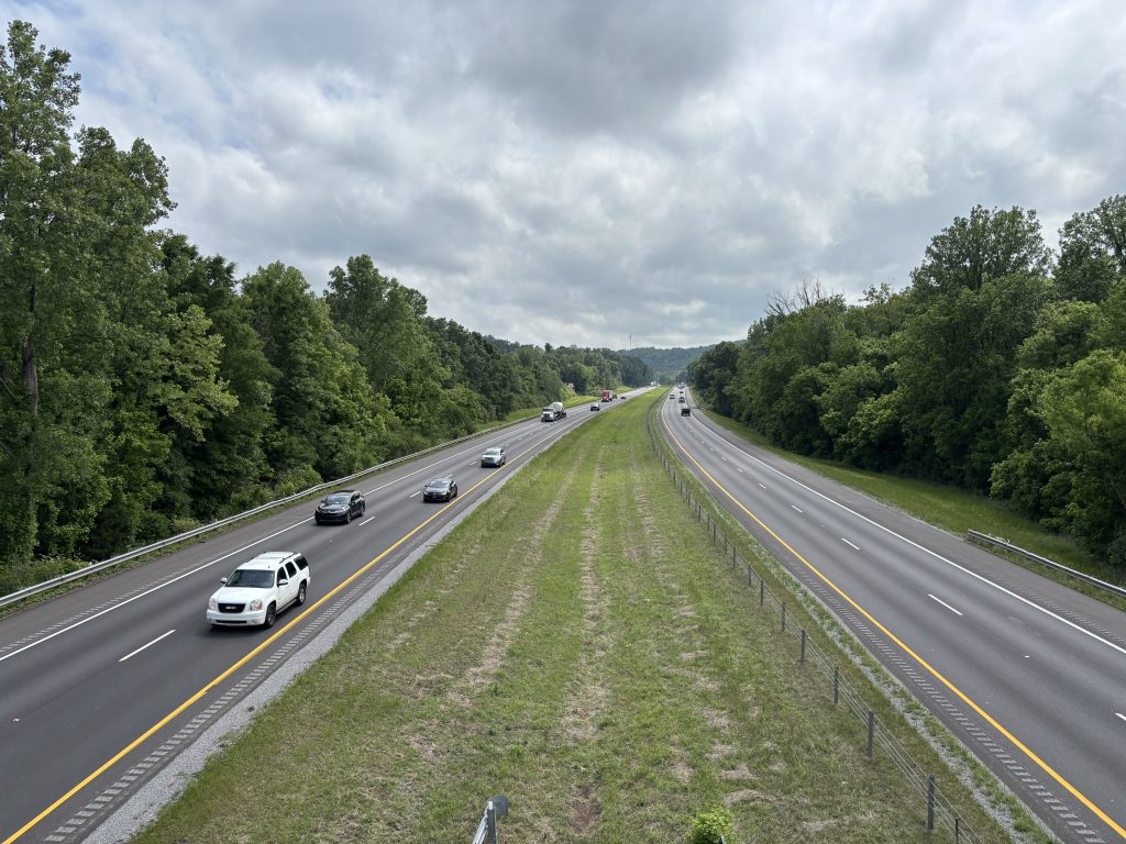 Traffic travels on a recently-resurfaced interstate highway