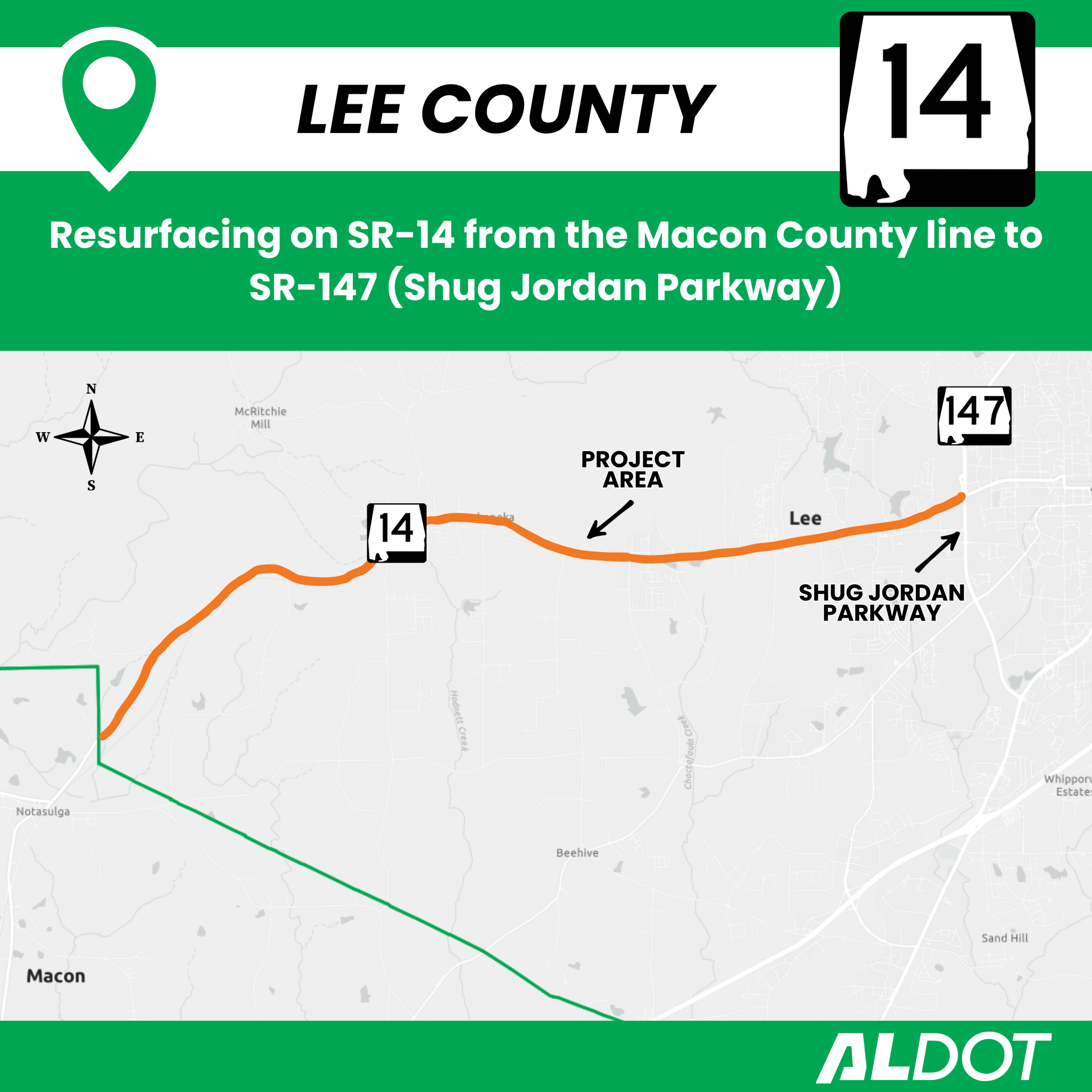 An informational map from ALDOT that shows the resurfacing project limits in Lee County on SR-14 from the Macon County line to SR-147 (Shug Jordan Parkway).