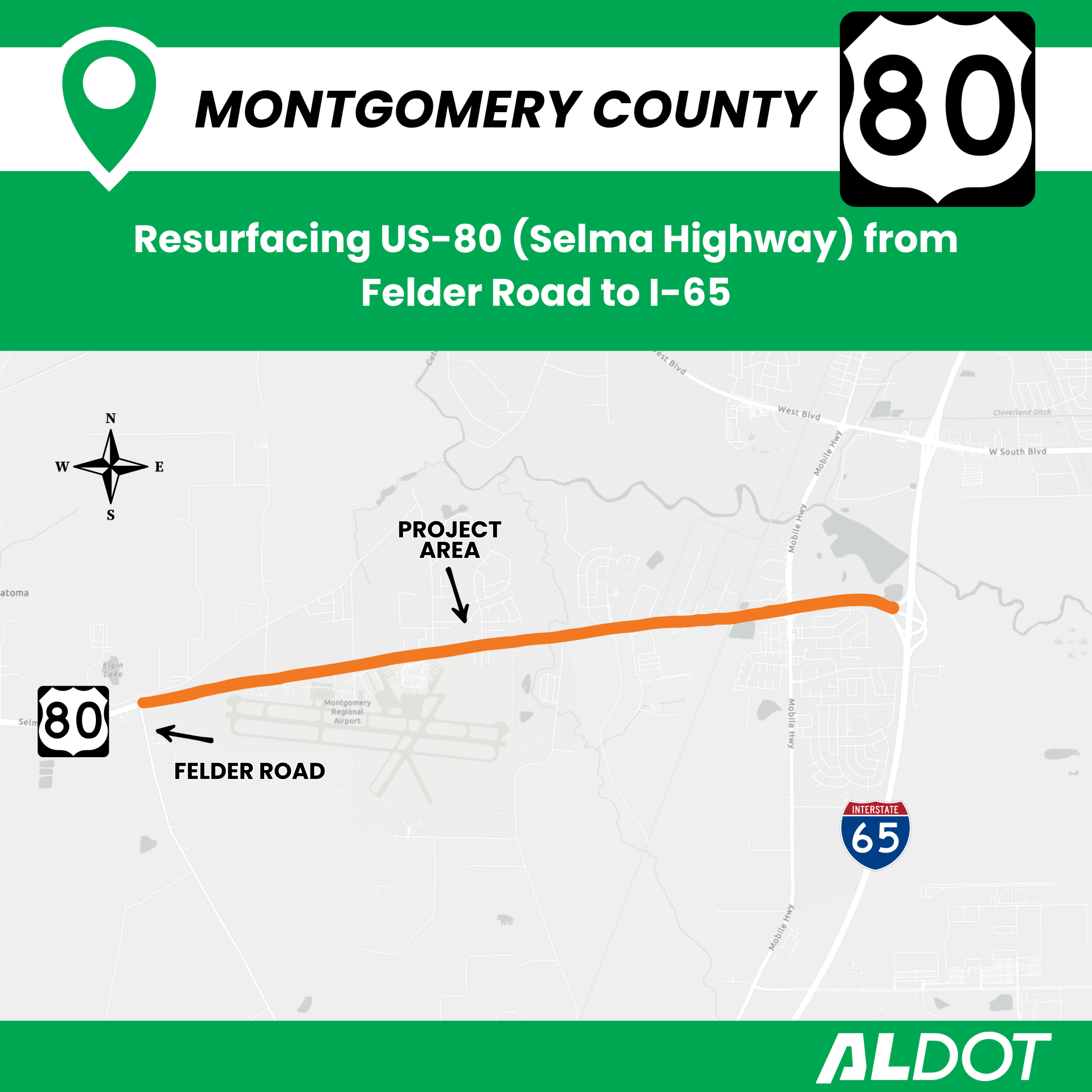 An informational map from ALDOT that shows a resurfacing job in Montgomery County on US-80 (Selma Highway) from Felder Road to I-65.