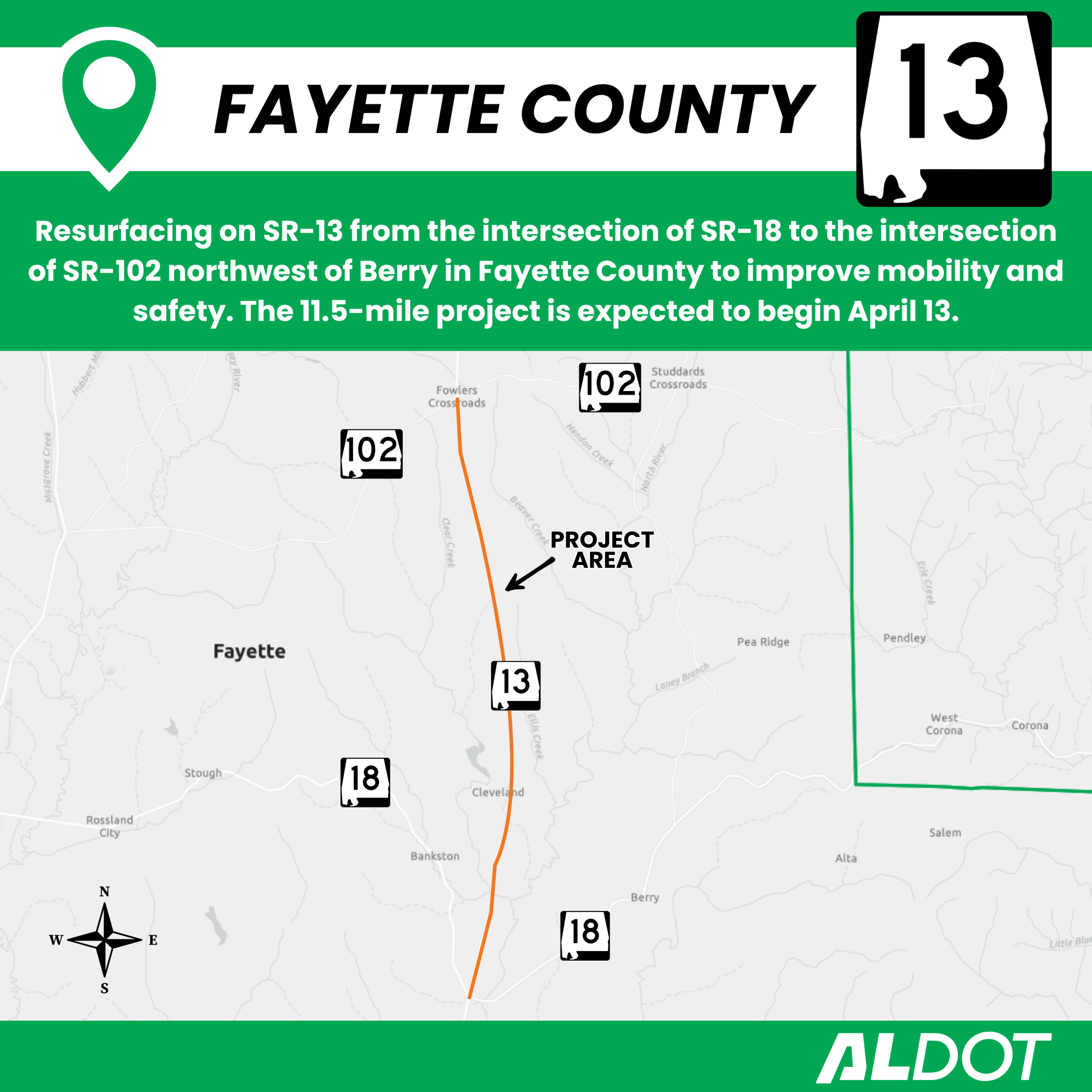 Resurfacing map of SR-13 in Fayette County