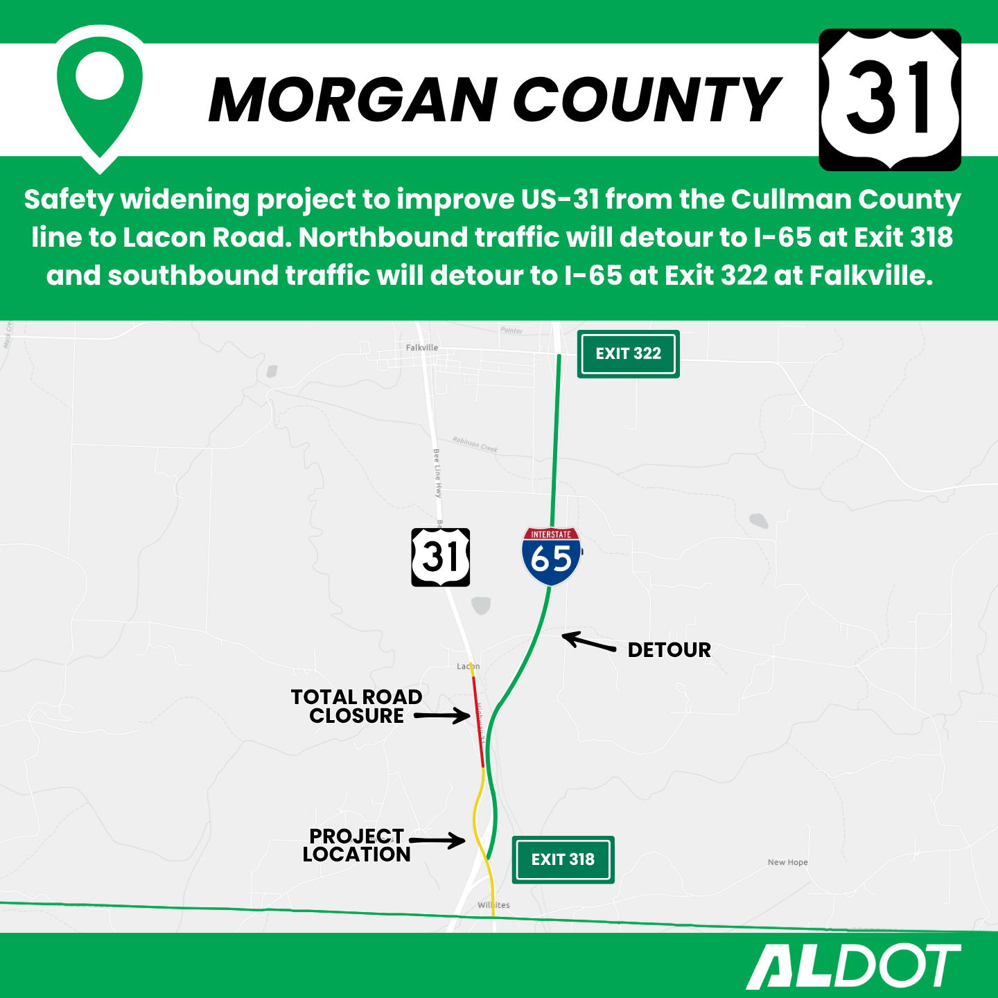 A map showing the closure of part of US-31 and highlighting the detour route, I-65.