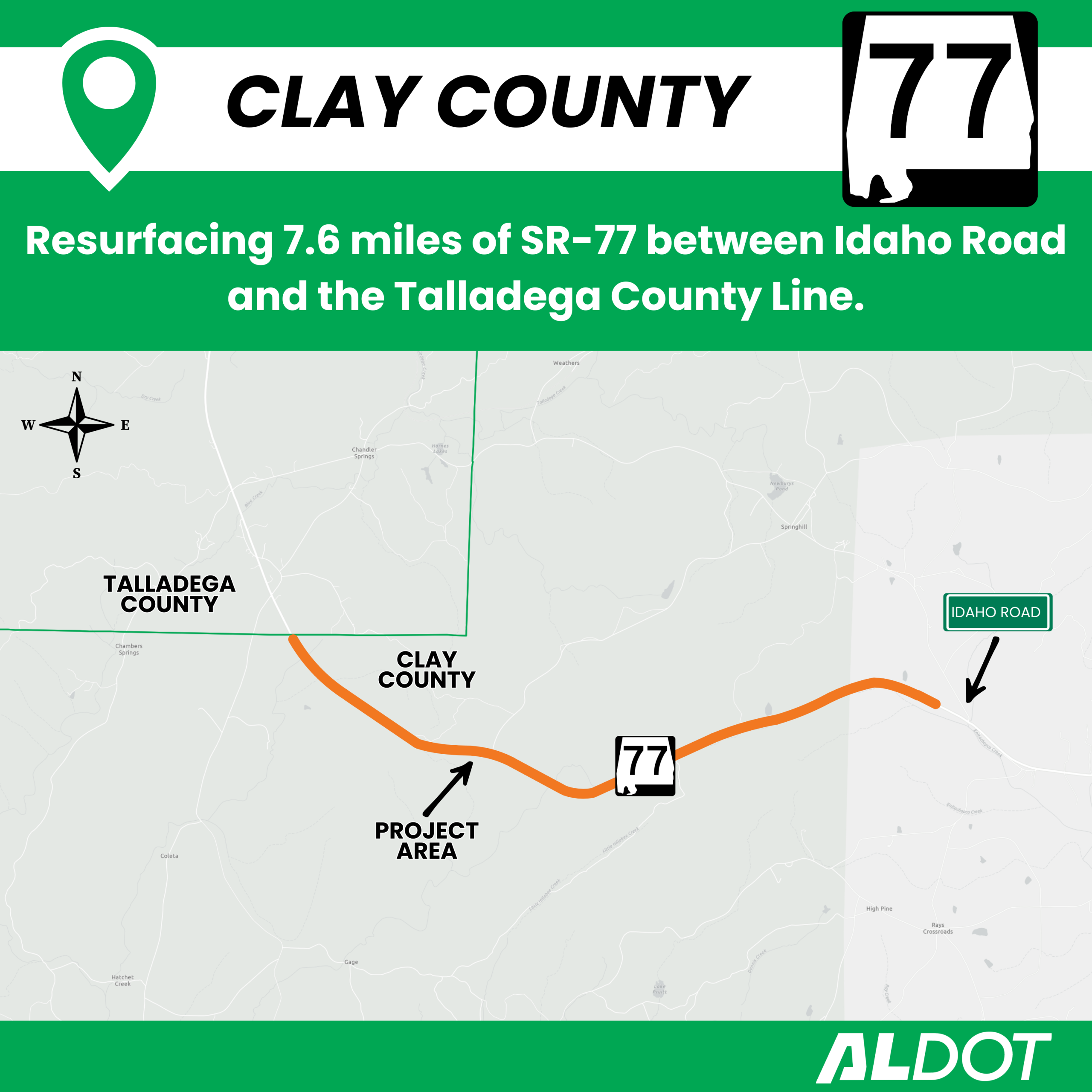 ALDOT is resurfacing 7.6 miles of SR-77 northwest of Ashland in Clay County.