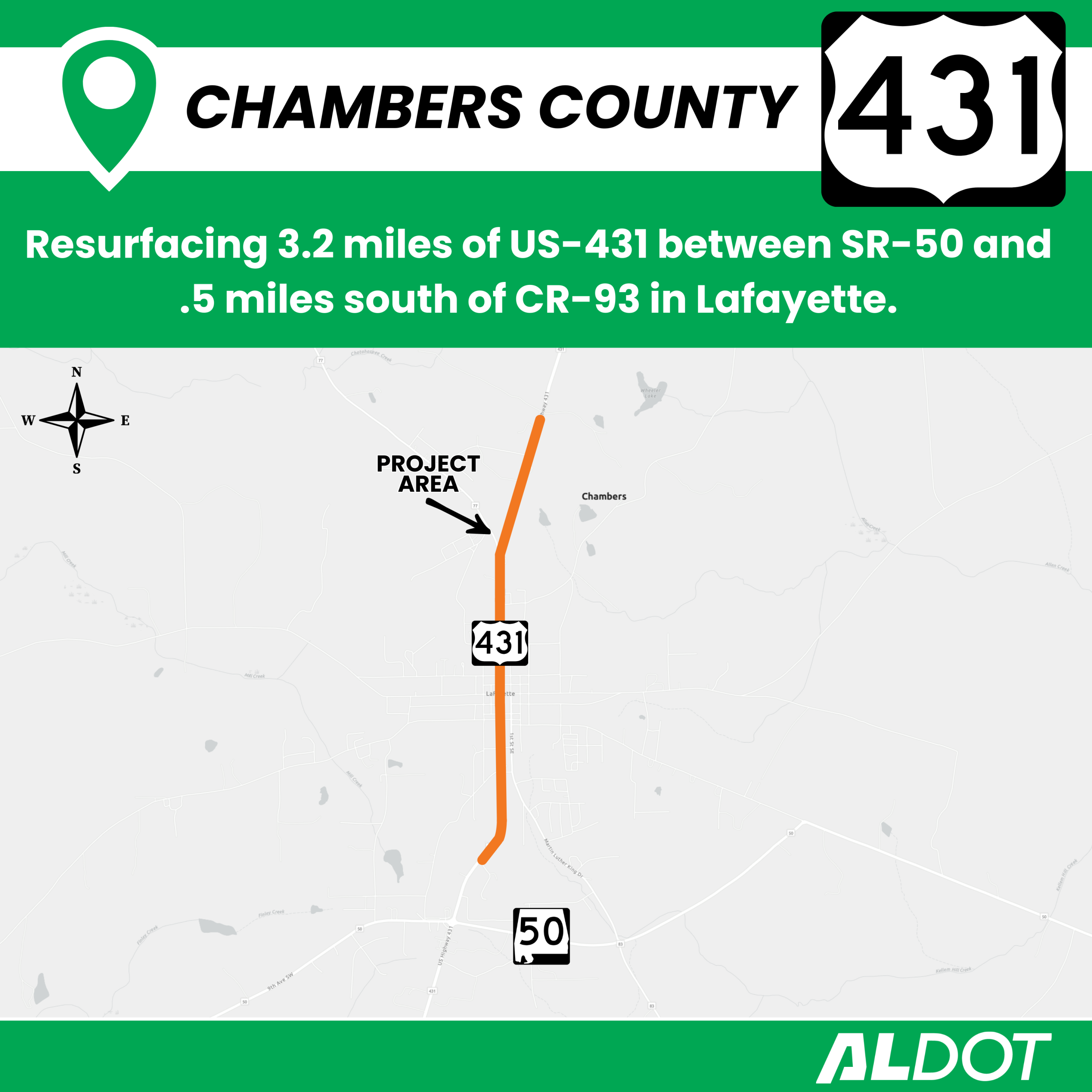 ALDOT is resurfacing about three miles of US-431 through Lafayette.