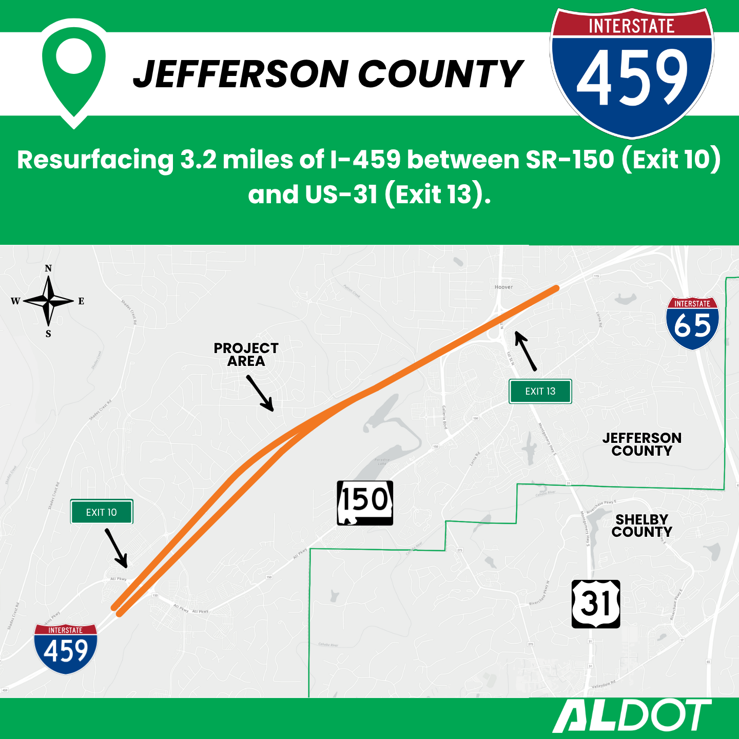 ALDOT is resurfacing three miles of I-459 from Exit 10 to Exit 13 in Hoover.