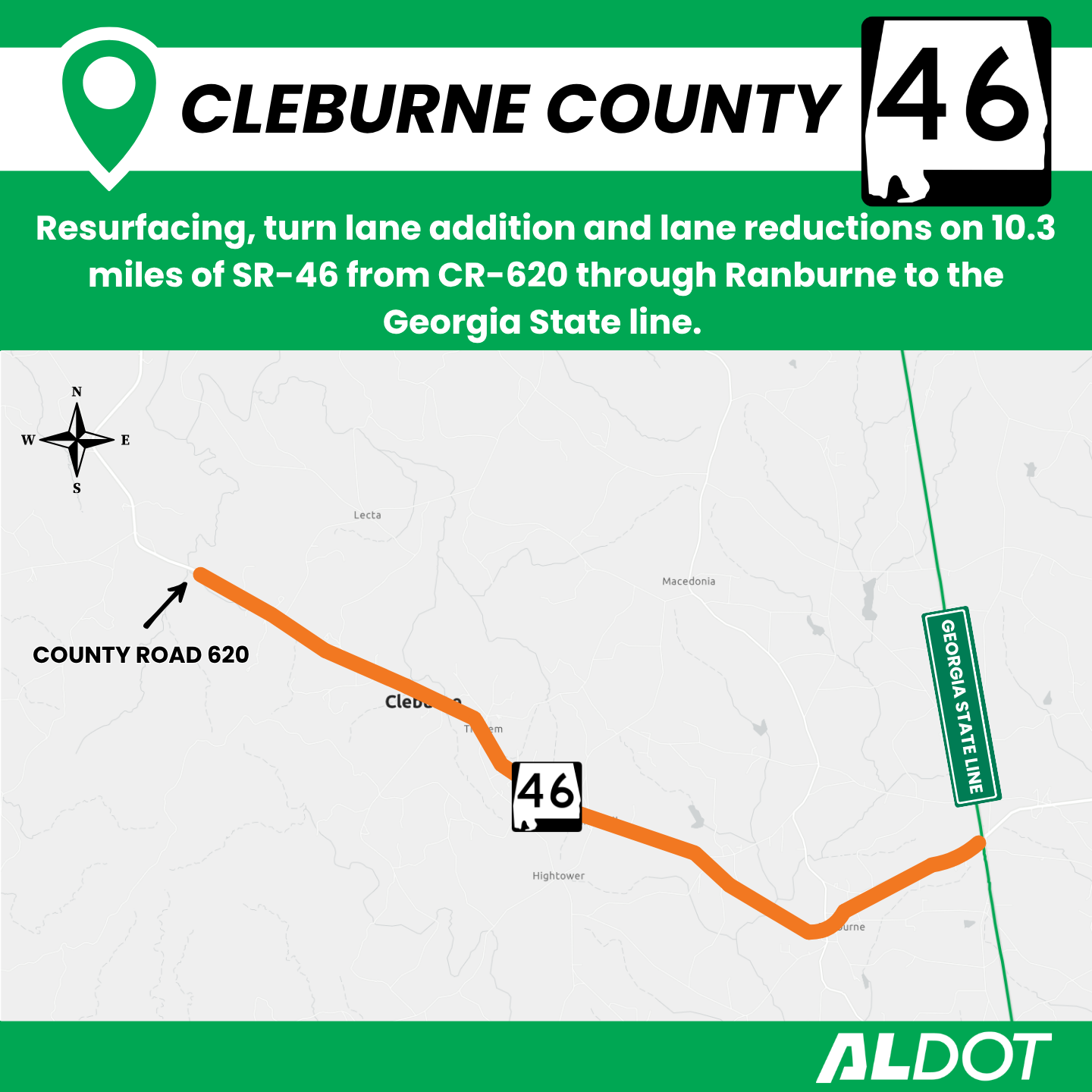 Resurfacing, lane reduction and turn lane additions to 10.3 miles of SR-36 in Cleburne County.