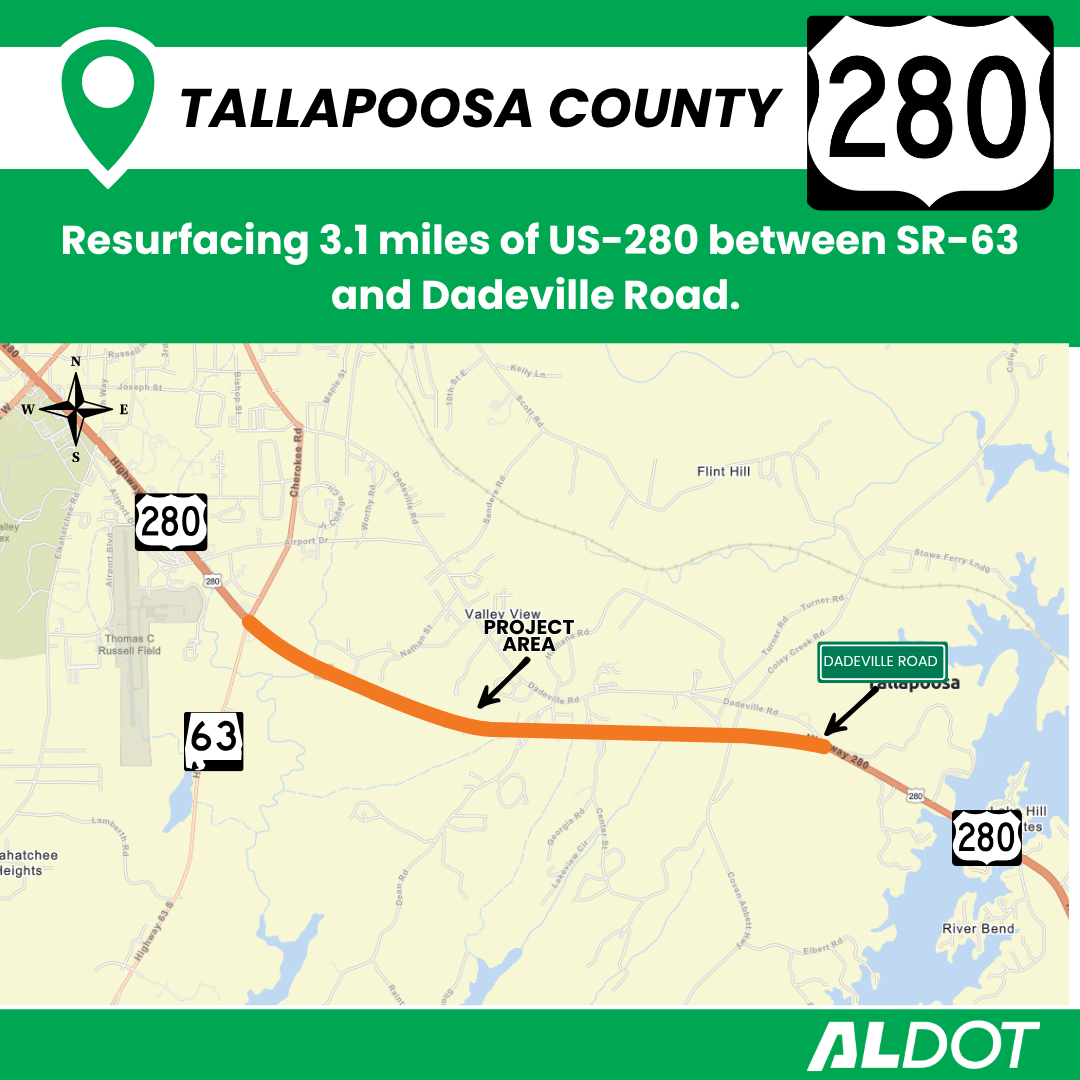 ALDOT is resurfacing 3.1 miles of US-280 from SR-63 to Dadeville Road.