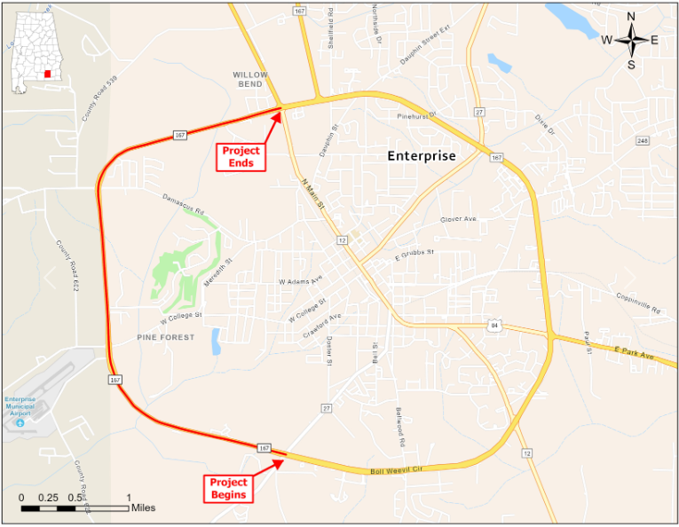 A project location map of Enterprise, Alabama, showing a construction zone highlighted in red along the western half of the city's perimeter loop (Boll Weevil Circle / SR-167). The map includes red text callouts indicating where the Project Begins on the southwest side of the loop and where the Project Ends at the intersection with North Main Street on the north side.