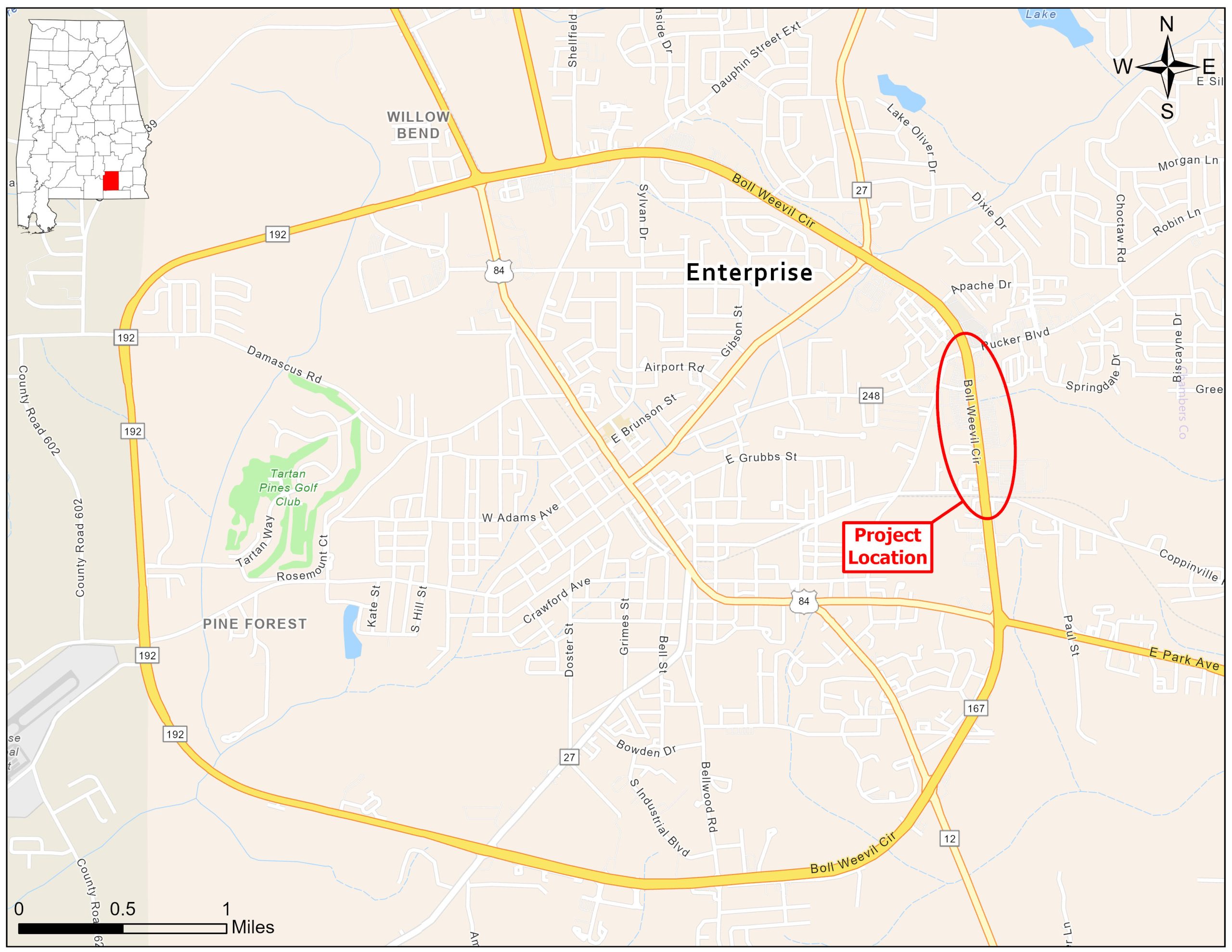 Map of Enterprise, Alabama, showing a project location on Boll Weevil Circle between Rucker Boulevard and Coppinville Road.