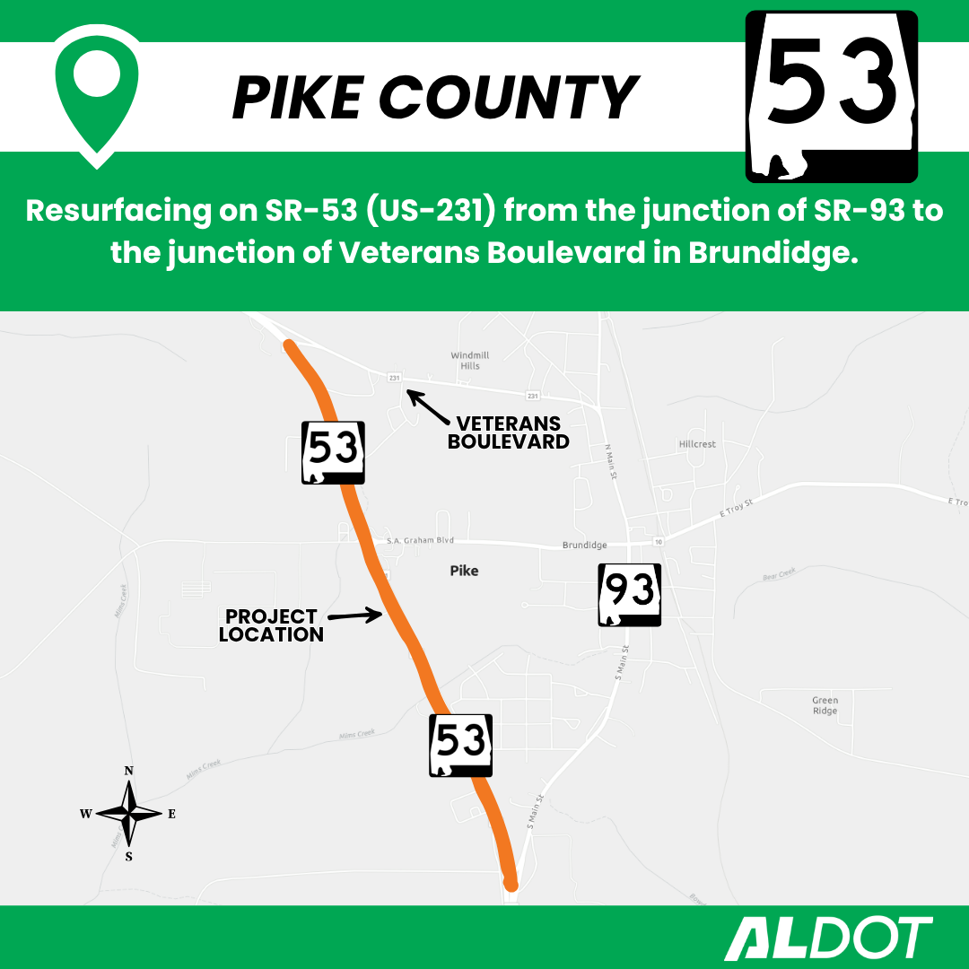 An ALDOTNews map of a Pike County resurfacing project.