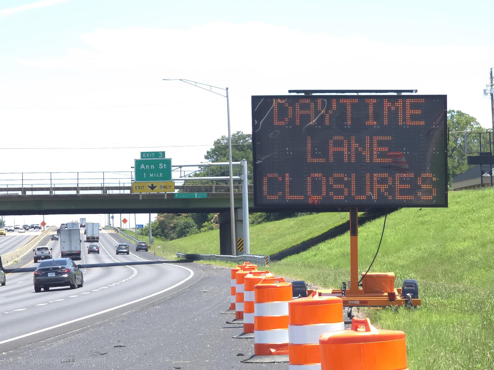 An electronic highway sign on a grassy roadside along I-85 reads "DAYTIME LANE CLOSURES," positioned behind a row of orange and white construction barrels next to the multi-lane highway