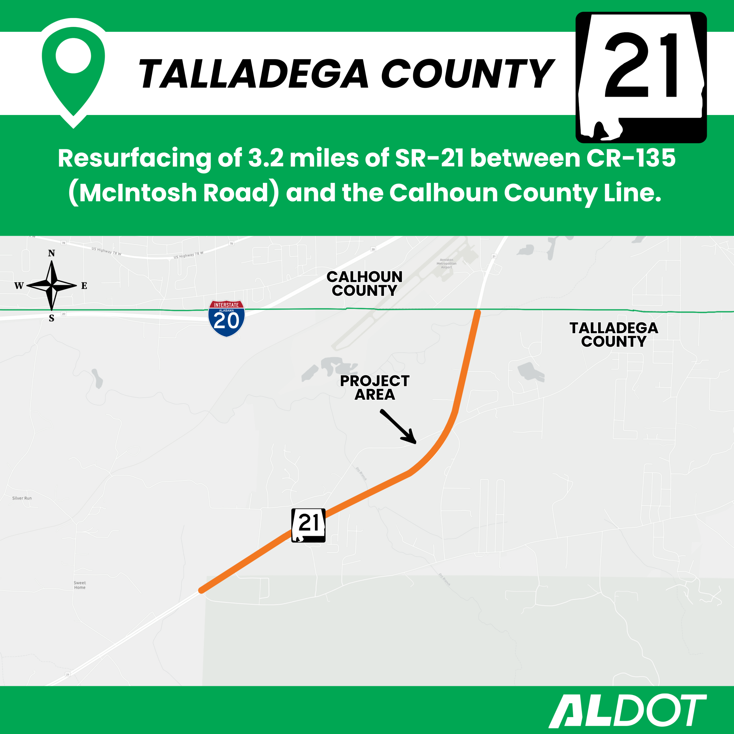 Resurfacing of SR-21 from CR-135 (McIntosh Road) to the Calhoun County line.