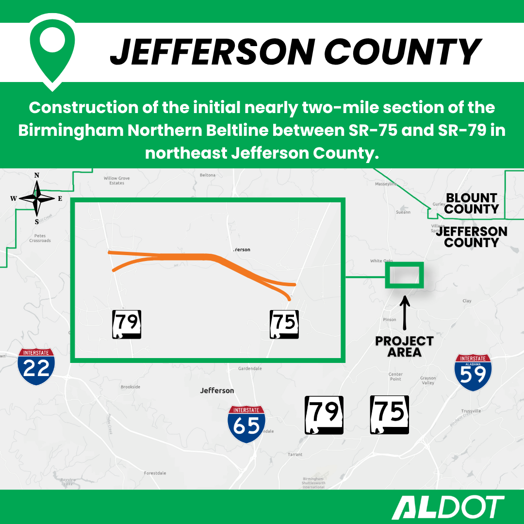Construction of the first phase of the Birmingham Northern Beltline between SR-75 and SR-79 in Jefferson County.
