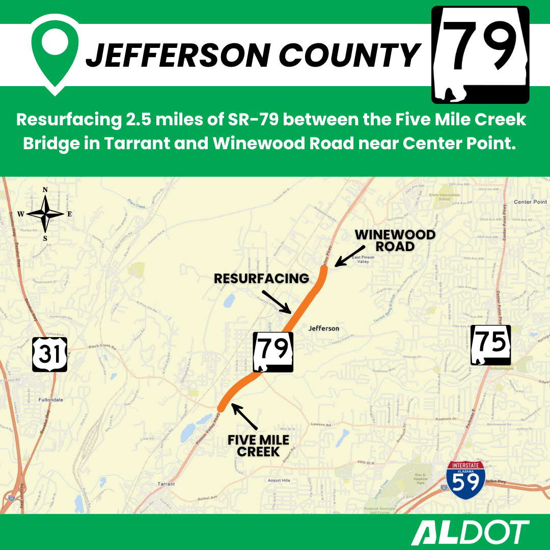 Resurfacing SR-79 between the Five Mile Creek Bridge north to Winewood Road.