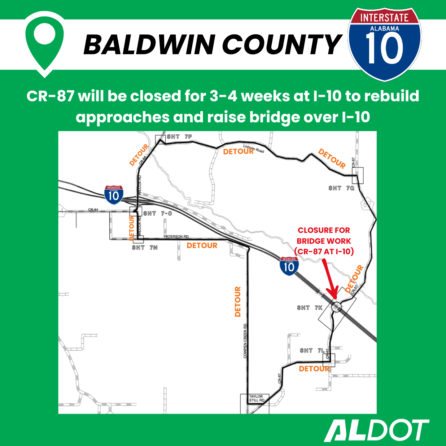 Map showing the CR-87 closure at I-10 in Baldwin County and the posted detour route around the bridge work.