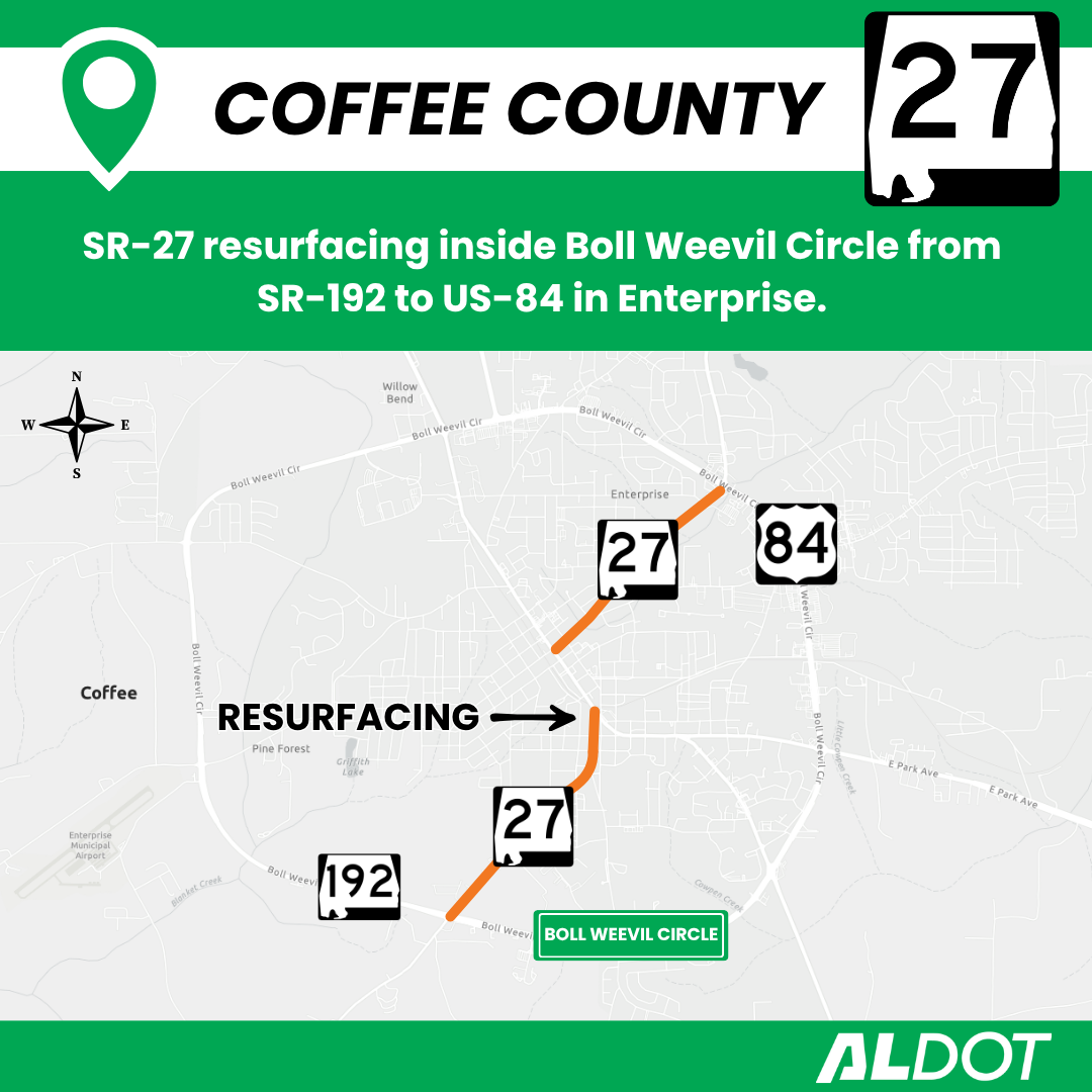 ALDOT map showing a resurfacing project on SR-27 in Enterprise, extending from SR-192 to US-84 inside Boll Weevil Circle in Coffee County.