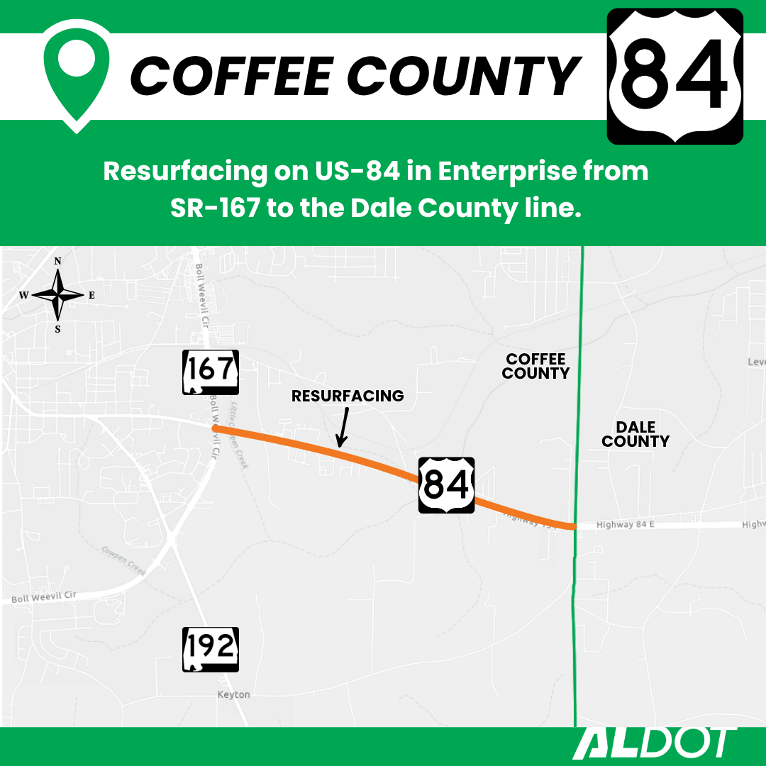 ALDOT map showing a resurfacing project on US-84 in Enterprise, extending from SR-167 to the Dale County line in Coffee County.