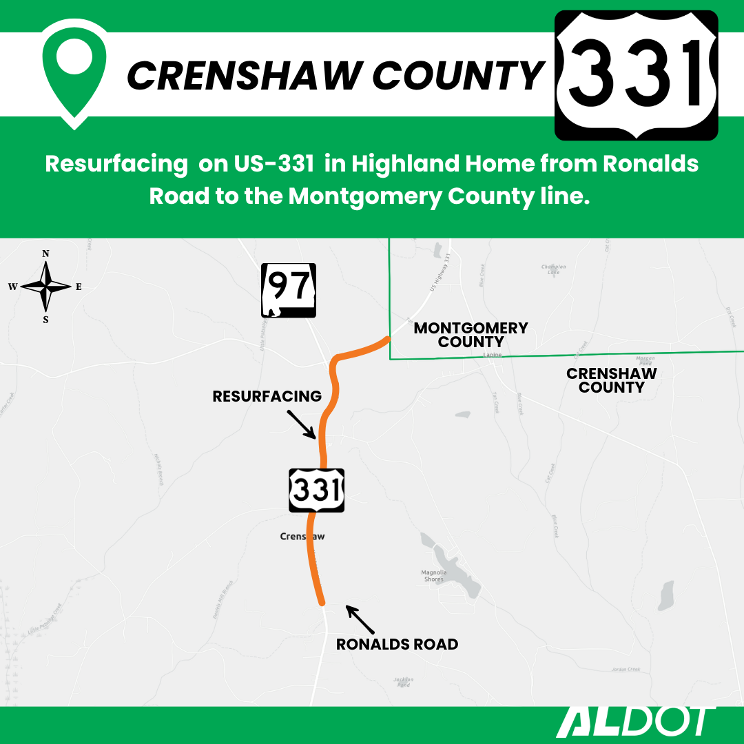 ALDOT map showing a resurfacing project on US-331 in Highland Home, extending from Ronalds Road to the Montgomery County line in Crenshaw County.
