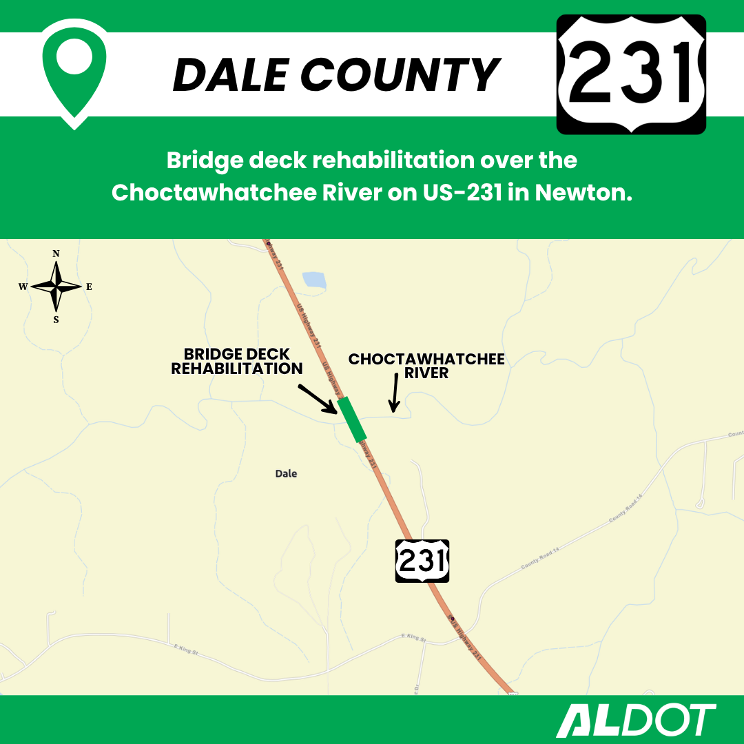 Map showing the location of bridge deck rehabilitation on US-231 over the Choctawhatchee River in Newton, Dale County.