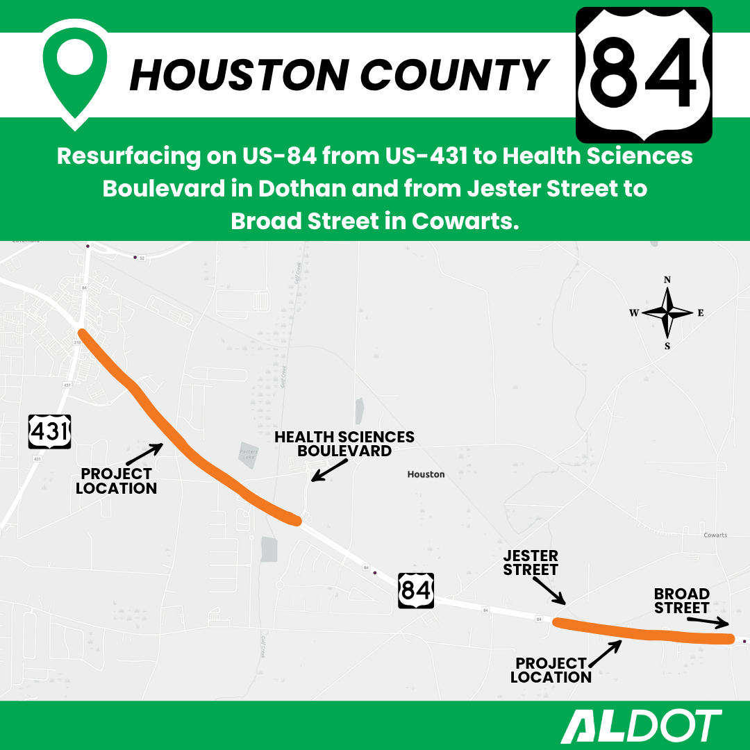 ALDOT map graphic announcing resurfacing project locations on US-84 from US-431 to Health Sciences Boulevard in Dothan and from Jester Street to Broad Street in Cowarts, Houston County